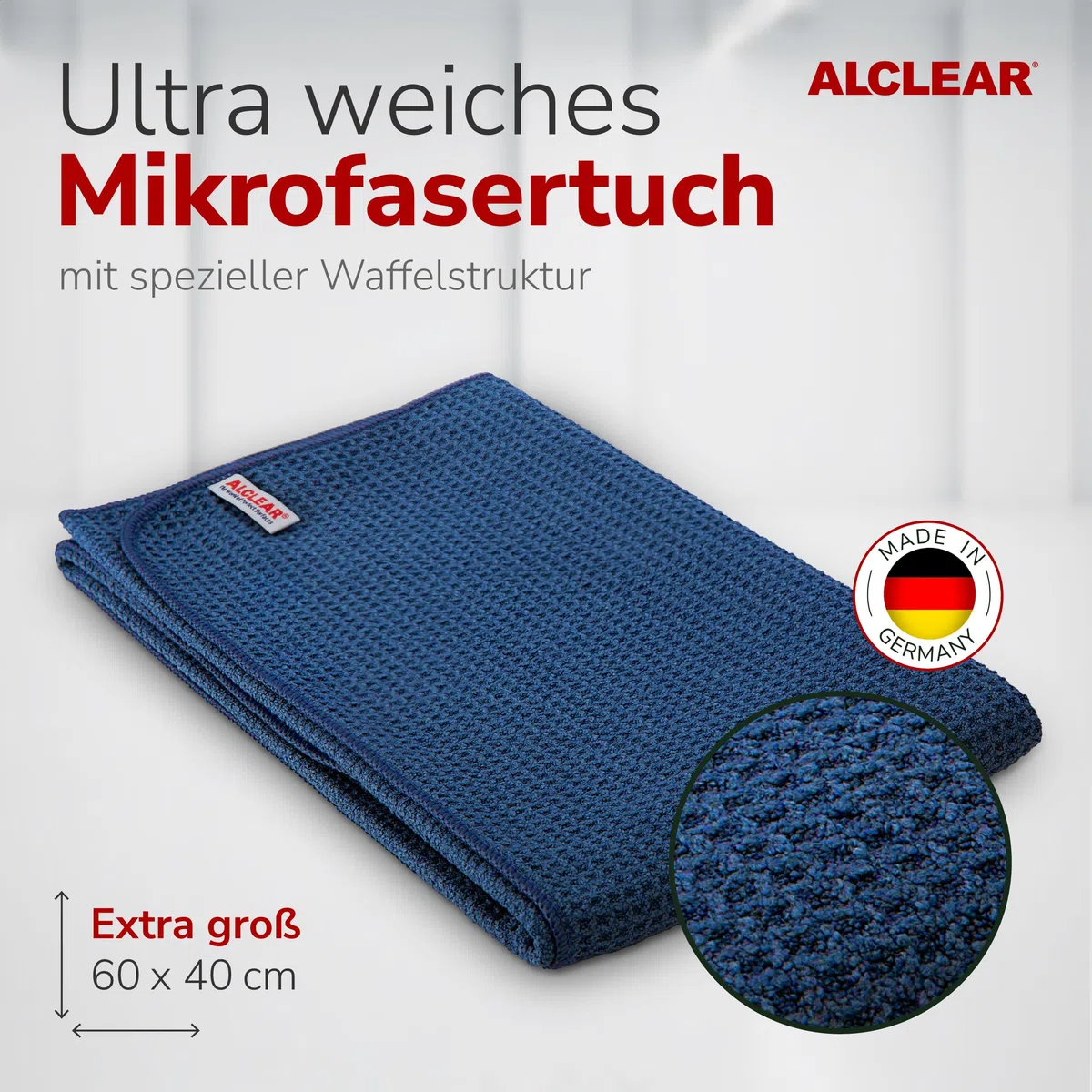 ALCLEAR 10820901 Trockenwunder Mikrofasertücher 10er-Set 60x40 cm saugstark | fusselfrei, mit Waffelstruktur, geeignet für Auto, Motorrad, Glas, Küche, Geschirr, waschbar, langlebig, navyblau