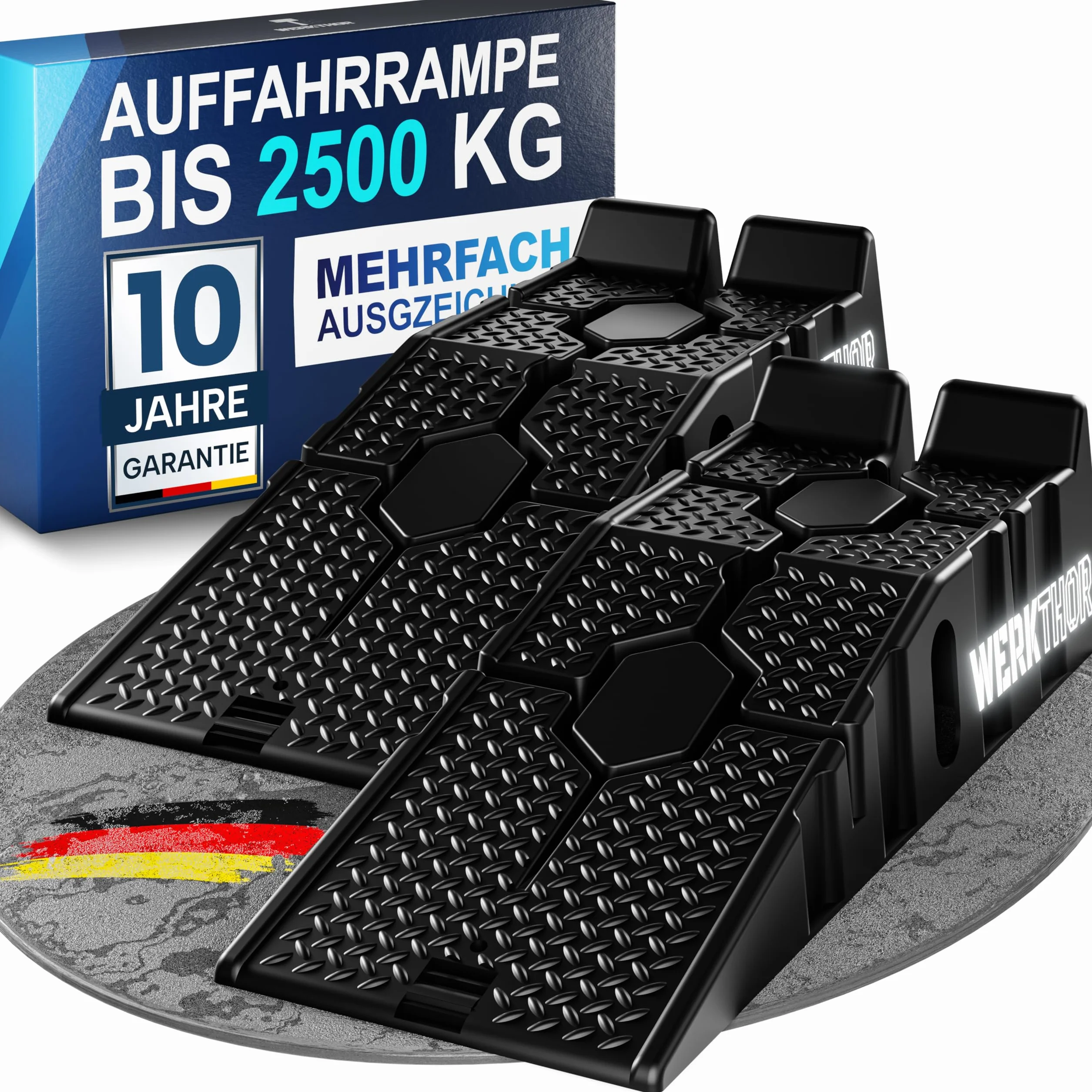 WERKTHOR Auffahrrampe PKW - [2er Set] Auffahrrampen für Maximalen Halt - Robuste Hebebühne Auto für Jeden Untergrund [2,5T] - Perfekt für Fahrzeuge (bis 2.500 kg) - HDPE-Kunststoff