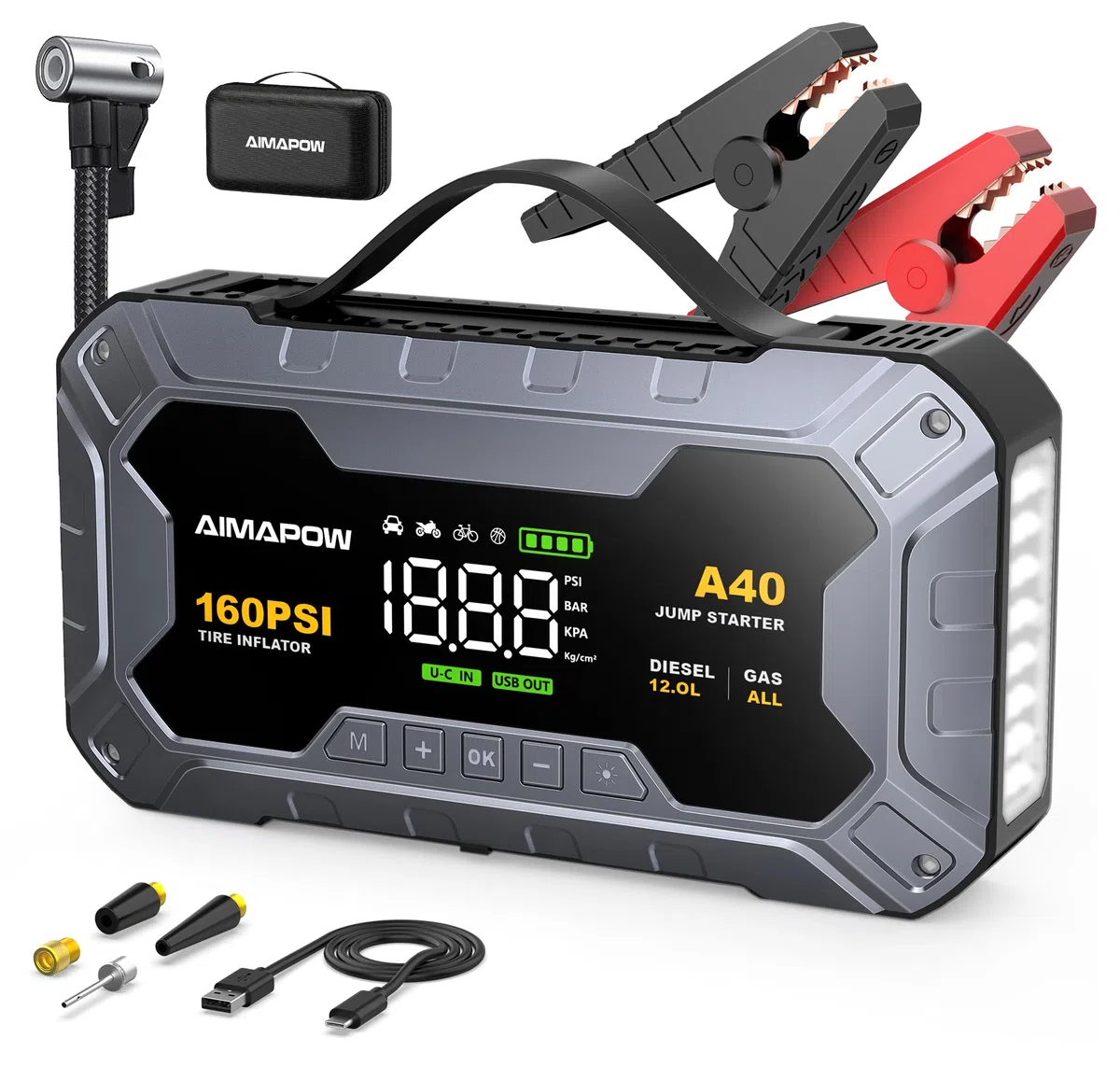 AIMAPOW Starthilfe Powerbank für Pkw mit Kompressor 8000A 160PSI Auto Starthilfe Powerbank für All Benzin und 12.0L Dieselmotor,Starter Powerbank Eingang/Ausgang und 600LUM LED-Licht