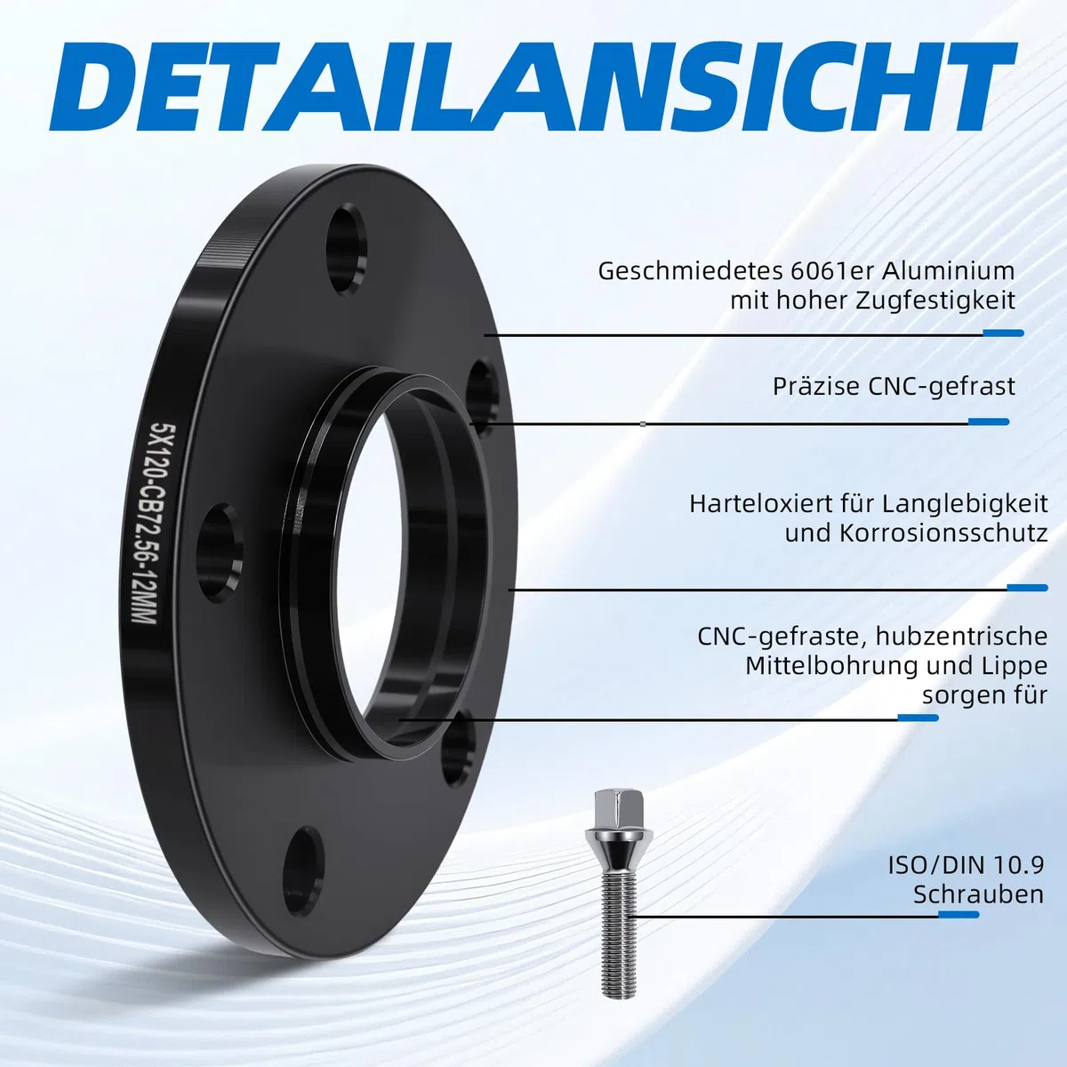 Radnaben-Distanzscheiben-Set, bestehend aus zwei 12-mm-Distanzscheiben, Lochkreis 5x120 mm, Mittenbohrungsdurchmesser 72,6 mm. Passend für BMW 3er E46, E90, E60 und Z4. (2x12mm 5x120 NLB:72.6)