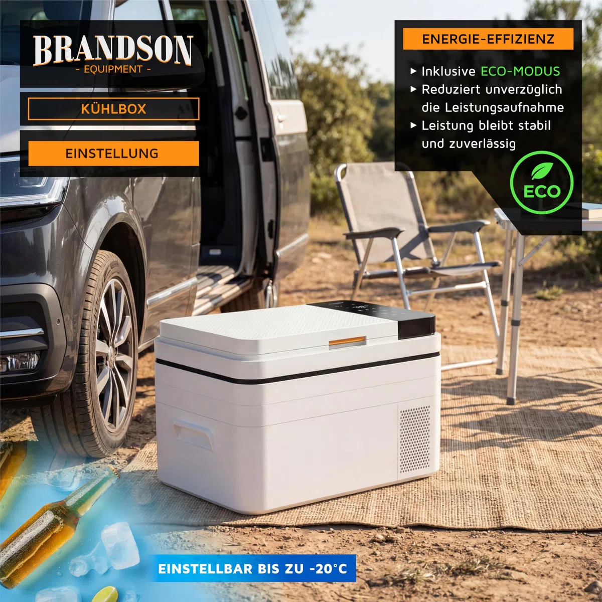 Brandson - Kühlbox elektrisch mit Kompressor – 30 Liter – App Steuerung Bluetooth Tuya Smart – Autokühlbox - 230 V und 12/24 V Gefrierbox Gefriertuhe bis -20°C – ECO Modus – Auto Camper LKW