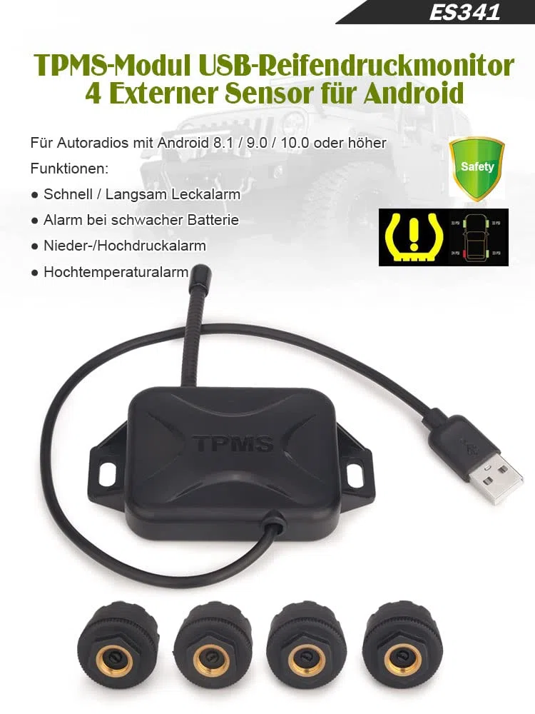 Erisin Universal USB TPMS Modul Reifendruckprüfer mit 4 Externe Sensors, USB Reifendrucksensor Reifendruckkontrollsystem für Android Autoradios