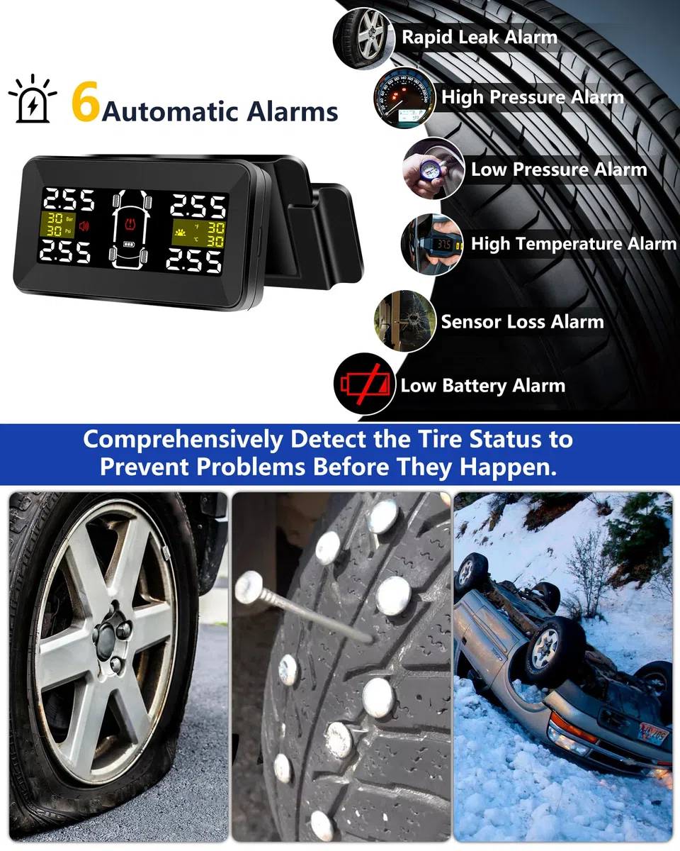 TPMS Reifendruckkontrollsystem 3,5 Zoll Kabellos Reifendrucküberwachungssystem 0,01Bar Hochpräzise Abnehmbare Solar/Typ-C Ladung TPMS Auto mit 4 Wasserdicht IP67-Reifendrucksensoren 14-87PSI