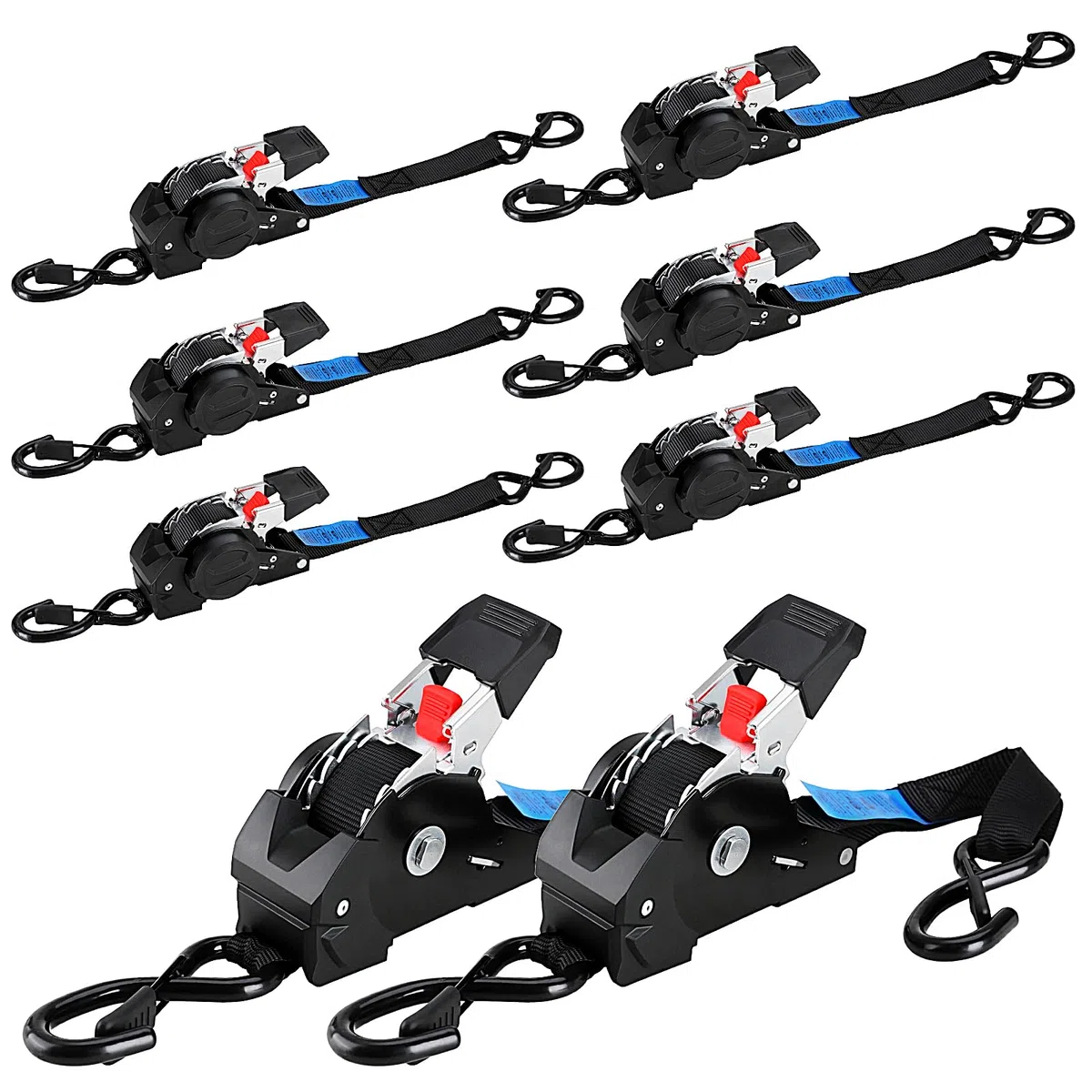 Automatik Spanngurt, 3 m x 25mm, 300 daN | 748 kg Bruchlast, 8 Stück | Selbstaufrollende Spanngurte, Ratschengurt mit S Haken, Zurrgurt für Anhänger, Motorrad, Fahrrad Mehr, Schwarz