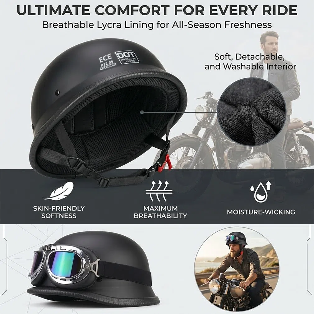 Retro Deutsche Halbhelm Öffnen Motorradhelm Halboffenen Halbschalenhelm ECE Genehmigt Jethelm Offenem Helm Mit Brille Cruiser Chopper Helm Mopedhelme Geeignet Erwachsene MäNner Frauen