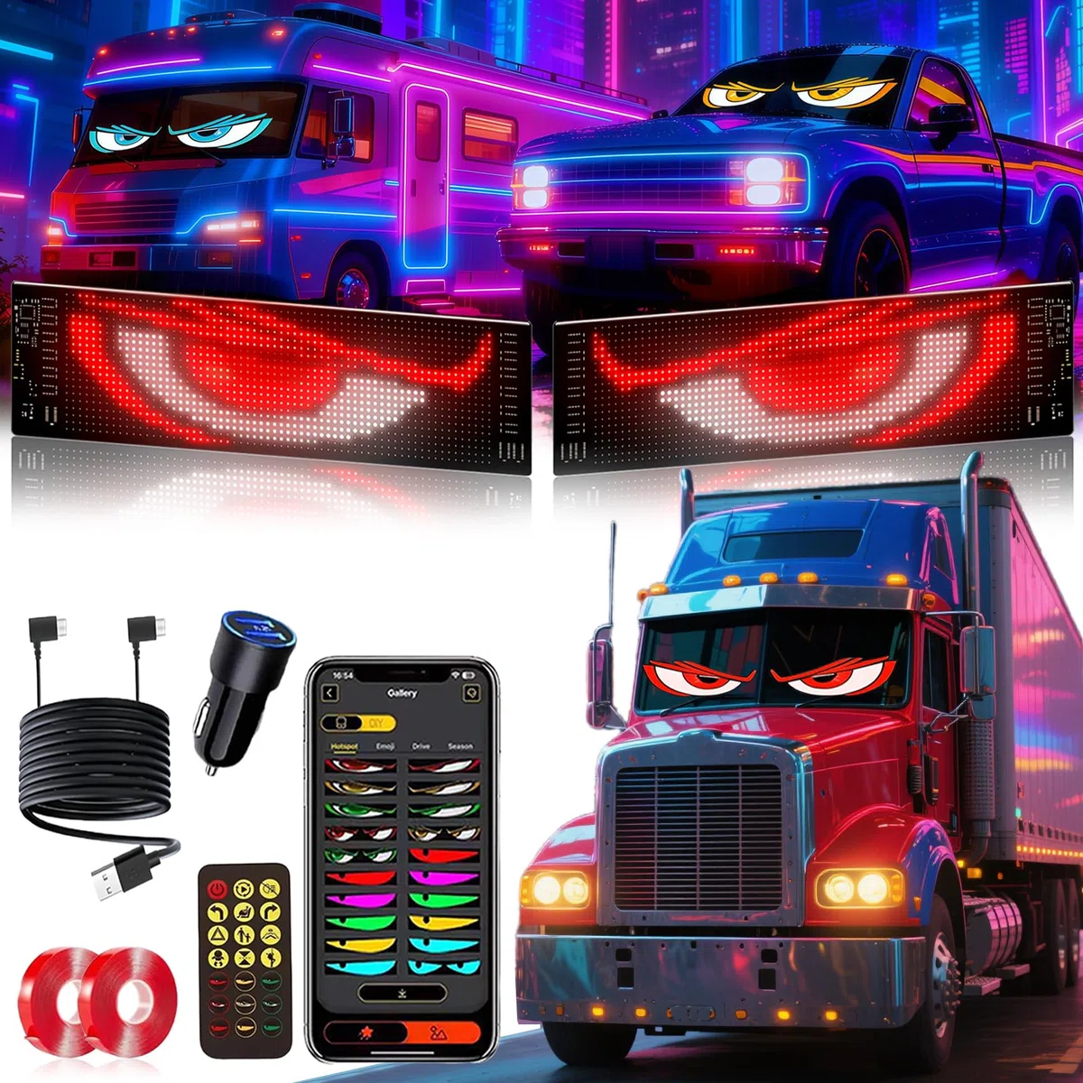 2 Stück Devil Eyes Light for LKW, Cars LED Auge Lichter (120*595mm) mit Fernbedienung & APP-Steuerung, benutzerdefiniertem Text, Animationen und Grafiken, LED-Augen für Autos/LKWs/SUVs/Wohnmobile