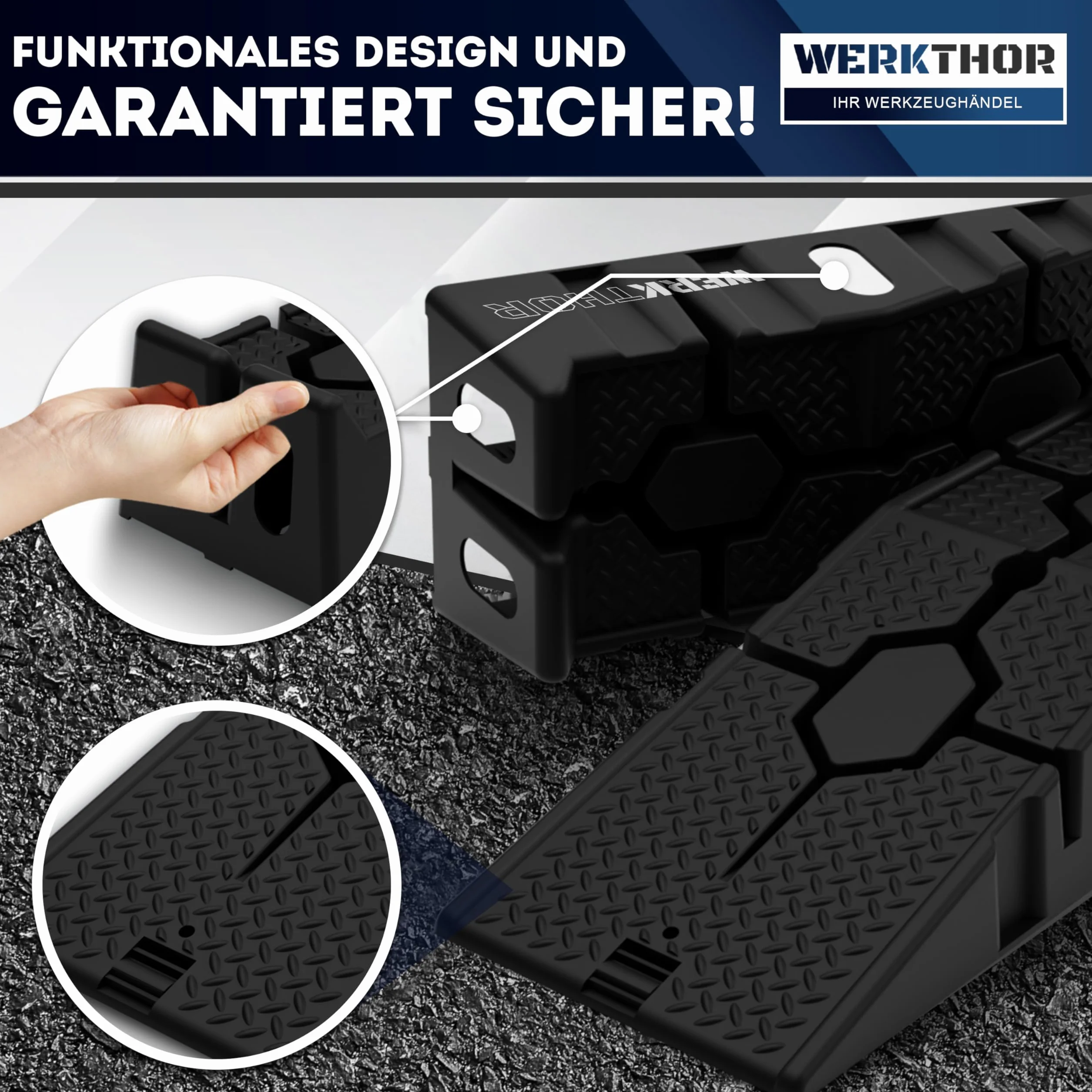 WERKTHOR Auffahrrampe PKW - [2er Set] Auffahrrampen für Maximalen Halt - Robuste Hebebühne Auto für Jeden Untergrund [2,5T] - Perfekt für Fahrzeuge (bis 2.500 kg) - HDPE-Kunststoff