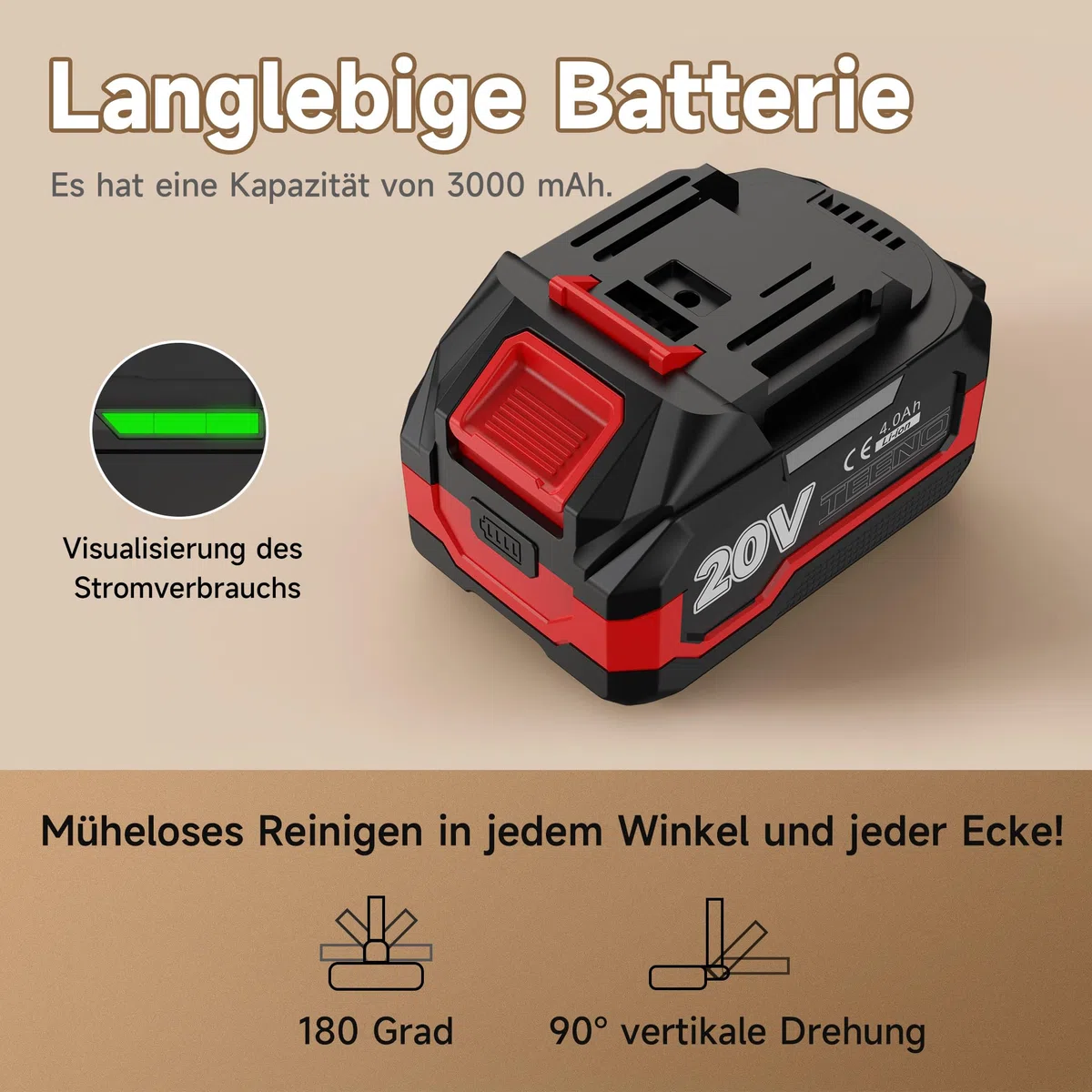 TEENO Akku Staubsauger Lithium 150W/13KPA mit 4Ah Li-Ion Akku für Haus, Auto, Büro & Sofa