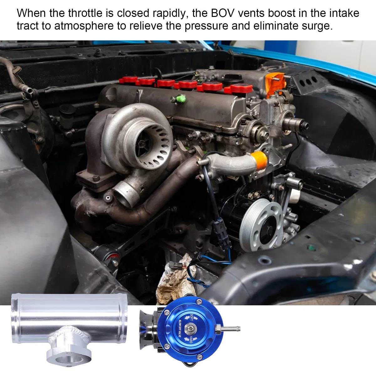 Abblasventil, Universal Aluminium Billet Turbo Abblasventil BOV, Professionelles Ablassventil BOV mit 2,5-Zoll-Flanschrohr & 8 Auslassanschlüssen für Rennwagen, Ansaugtrakt-Druckentlastung(Blau)