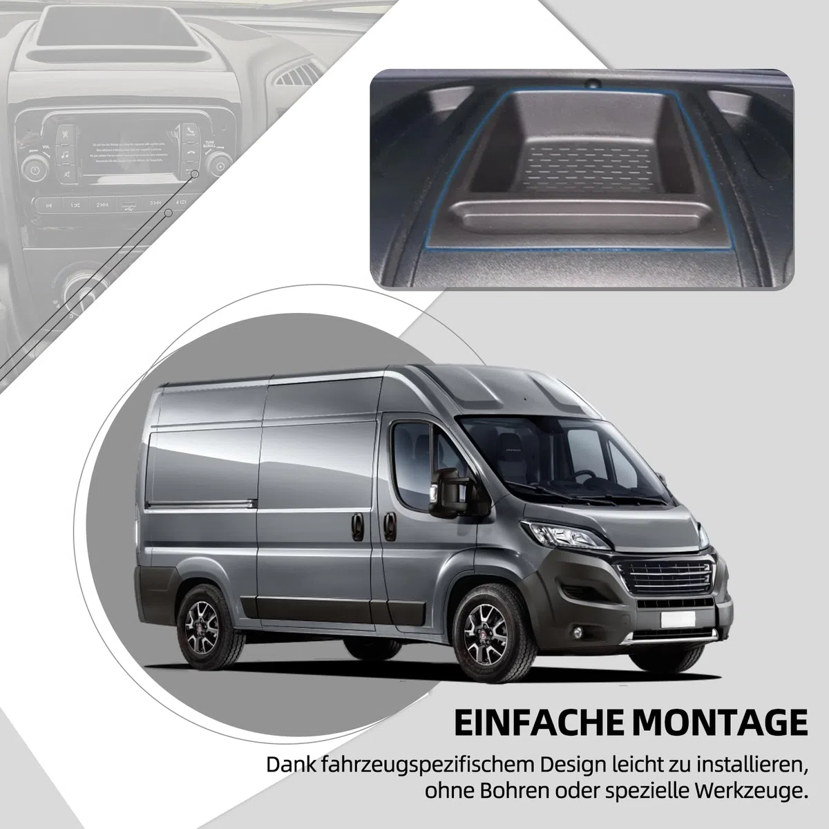 Auto-Armaturenbrett-Aufbewahrungsbox, passend für Fiat Ducato, Peugeot Boxer, Citroen Relay (2014+), schwarzes ABS-Material, rutschfestes Design 6472115AG，735699812