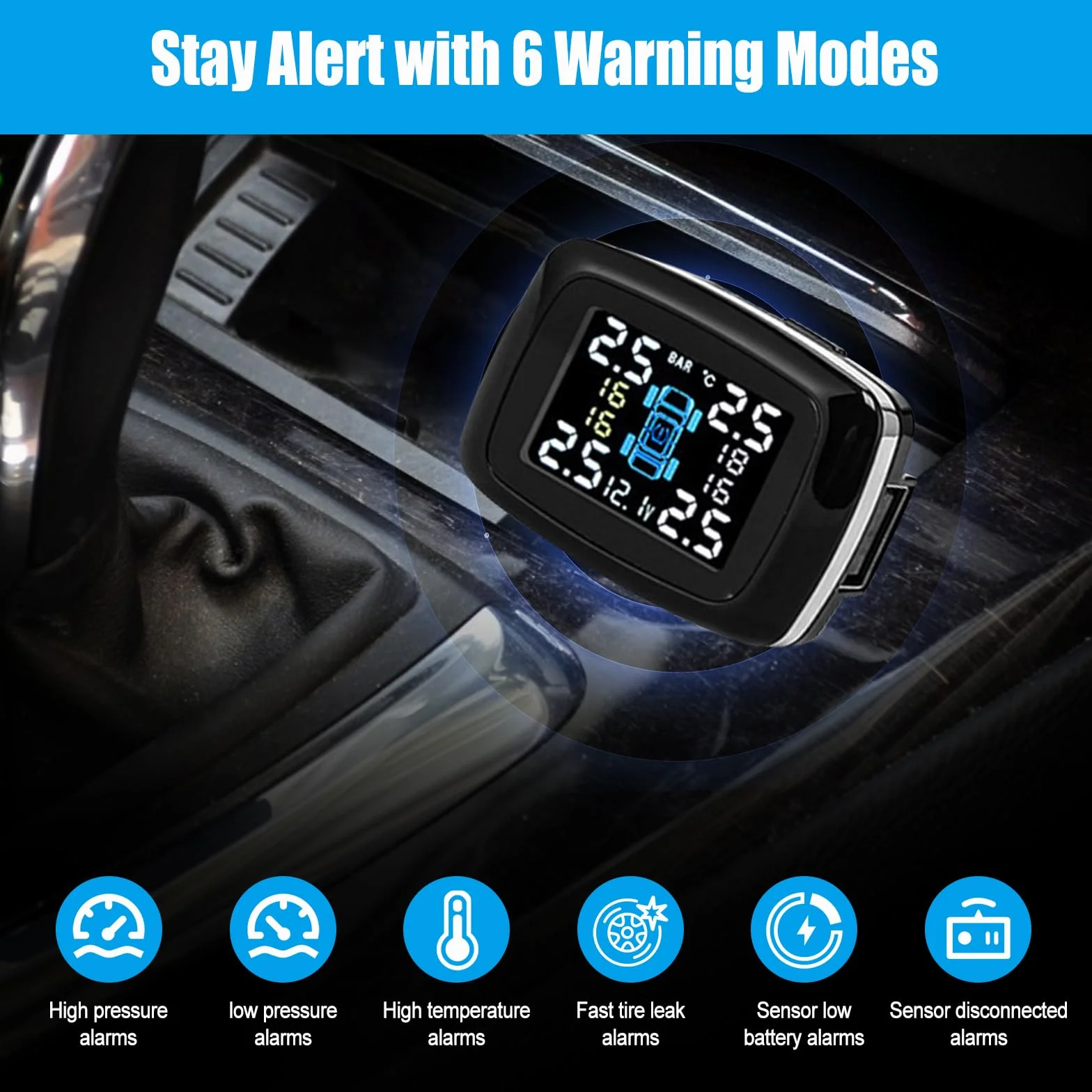 Reifendruckkontrollsystem, drahtloses Auto TPMS Reifendrucksystem, 6 Alarmmodi, einstellbare Bildschirmhelligkeit & Monitorwinkel für Wohnmobil, SUV, MPV, LKW, Limousine