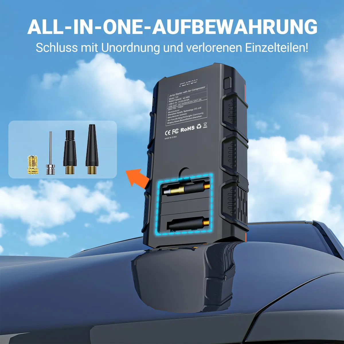 Starthilfe Powerbank für pkw, 6000A Auto Starthilfe Powerbank mit Kompressor 150PSI, 12V Starter Powerbank(bis Alle Benzin/10L Diesel), Batterie Booster Jump Starter mit QC3.0, Jumper/LCD/Taschenlampe