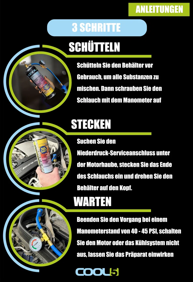LIGHT Ersatzkältemittel r134a für Autoklimaanlagen – 1 Dose 5in1, 235g + Druckleitung mit Manometer