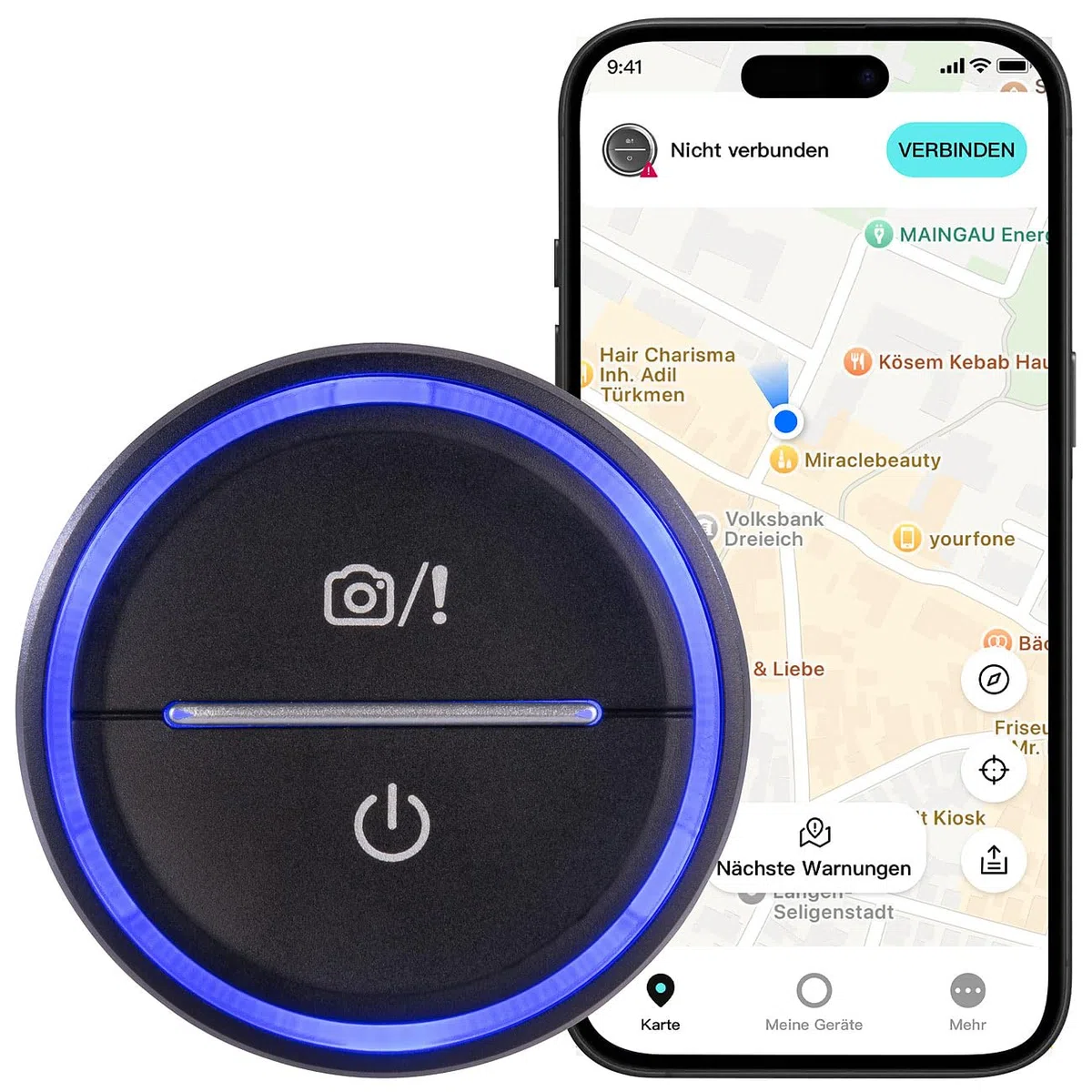 Lescars Blitzerwarner: Akku-Gefahrenstellen-Warner mit Bluetooth und App, Multicolor-LED-Ring (Gefahrstellenwarner, Auto Warnsystem Bluetooth, Laser)
