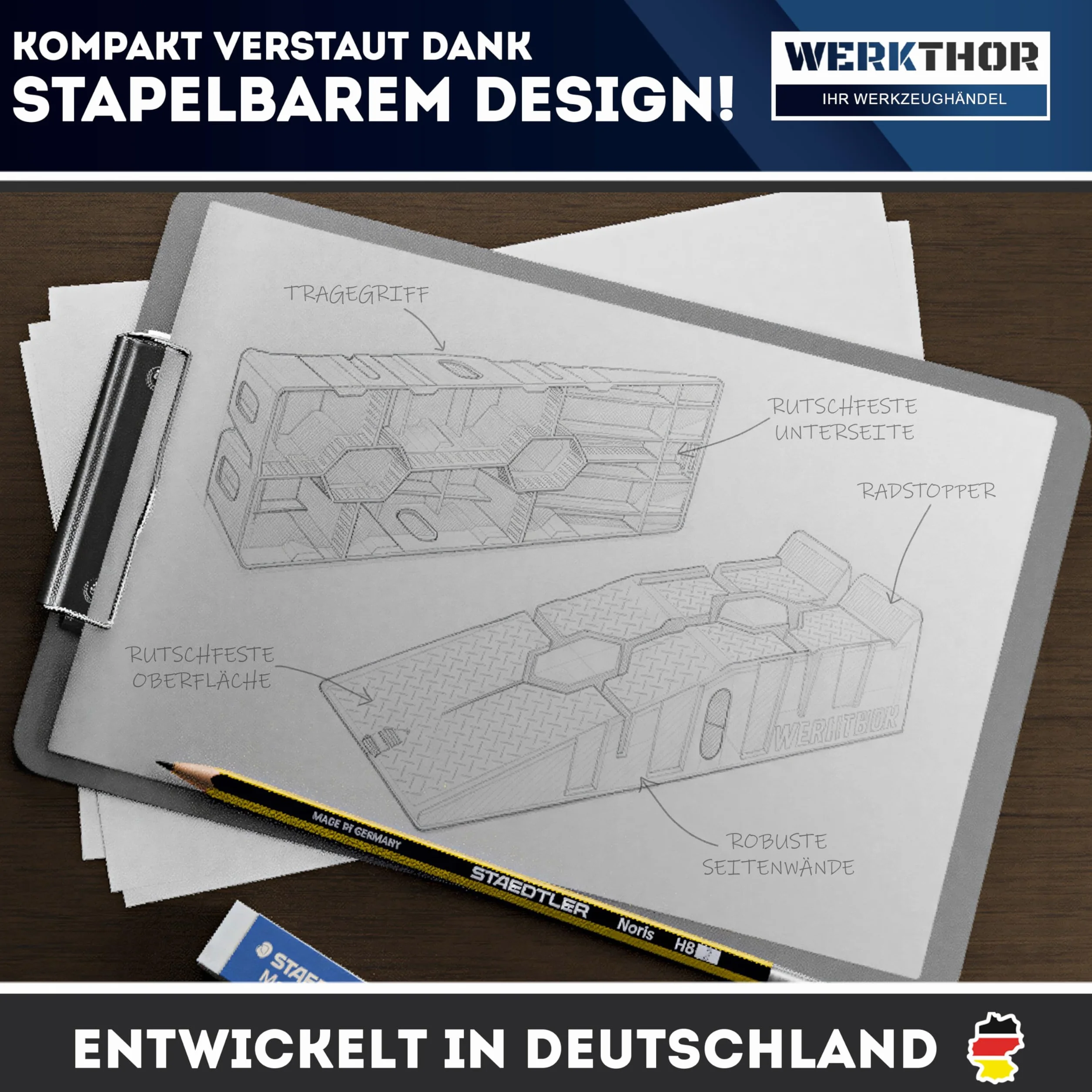 WERKTHOR Auffahrrampe PKW - [2er Set] Auffahrrampen für Maximalen Halt - Robuste Hebebühne Auto für Jeden Untergrund [2,5T] - Perfekt für Fahrzeuge (bis 2.500 kg) - HDPE-Kunststoff