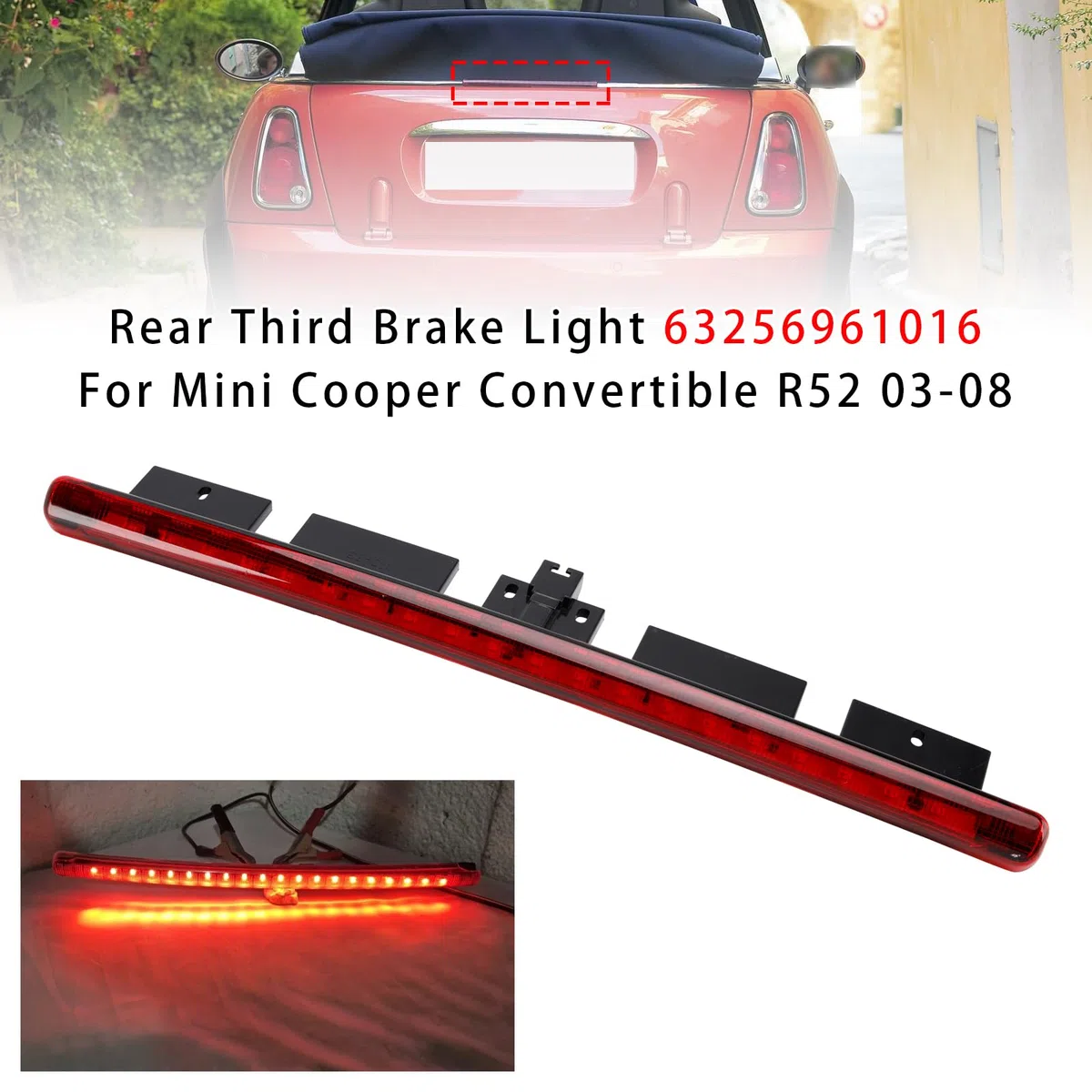 Dritte Bremsleuchte für Mini Cooper Cabrio R52 2003-2008,Ersatzteil 63256961016 6961016,Hintere Zentralleuchte Rot,Kunststoff Gehäuse Schwarz,Direkter Austausch