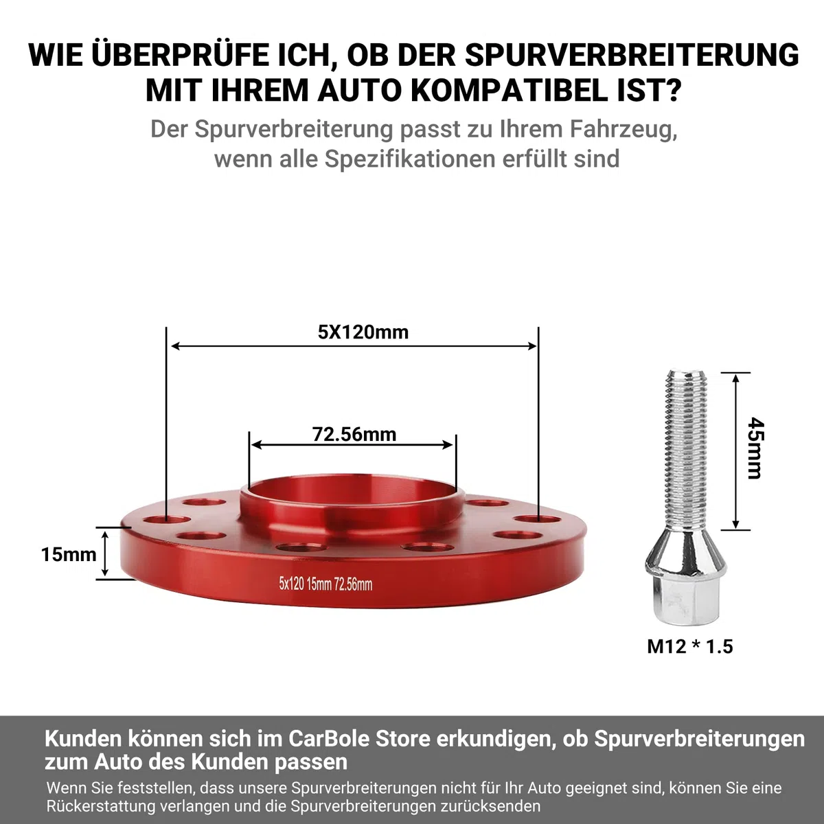 CarBole Spurverbreiterungen 5x120,15mm,72.56mm,Spurverbreiterung mit 10pcs Radschrauben,Distanzscheiben Kompatibel mit BMW,Rot,2-Teilig,10 Löcher,Keine ABE