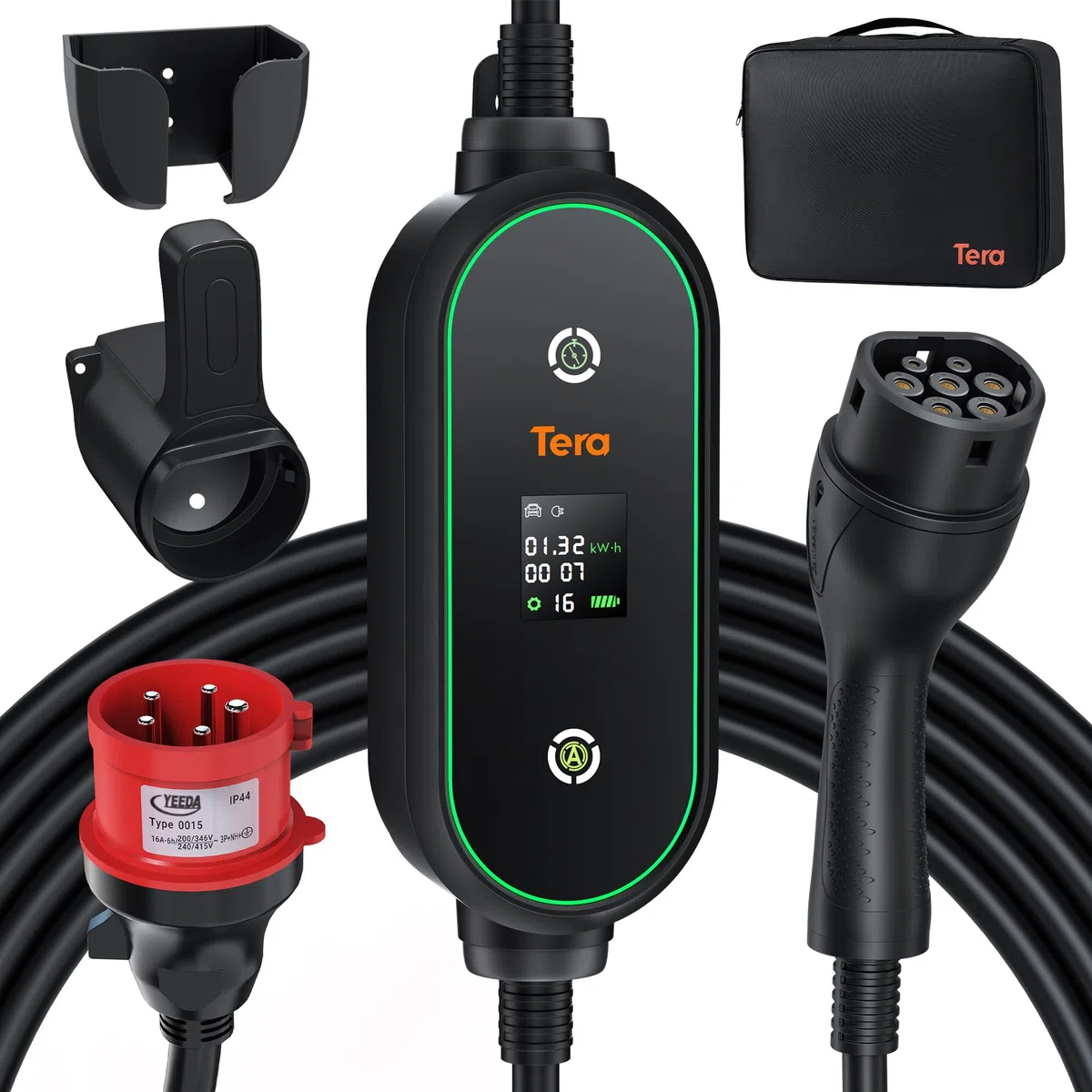 Tera Mobile Wallbox Typ-2 tragbar: 11kW 3-Phasig 6-16A 7,5m Ladekabel CEE 5 Pin EV Ladegerät 0,5-5h verzögertes Laden Einstellbarer Ladeleistung Ladegerätehalter für Elektroauto P03