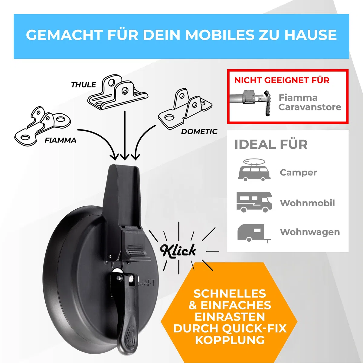 Graft Markisenhalter (2 Stück) | Halterung für Markisenfuß | Markisenfusshalter für Camper, Wohnmobil, Wohnwagen | Geeignet für Thule, Fiamma und DOMETIC Markisenfuss | Zubehör für Markise