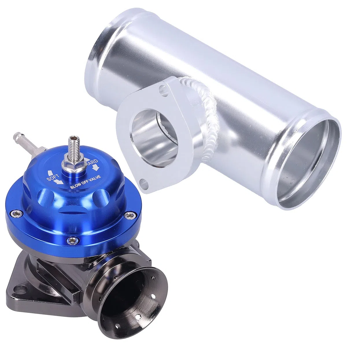 Abblasventil, Universal Aluminium Billet Turbo Abblasventil BOV, Professionelles Ablassventil BOV mit 2,5-Zoll-Flanschrohr & 8 Auslassanschlüssen für Rennwagen, Ansaugtrakt-Druckentlastung(Blau)
