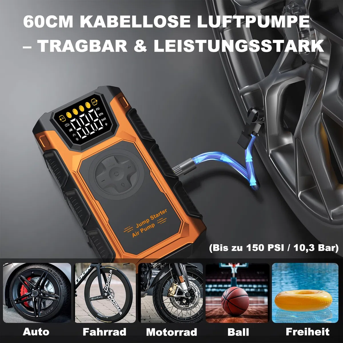 Starthilfe Powerbank für pkw, 6000A Auto Starthilfe Powerbank mit Kompressor 150PSI, 12V Starter Powerbank(bis Alle Benzin/10L Diesel), Batterie Booster Jump Starter mit QC3.0, Jumper/LCD/Taschenlampe