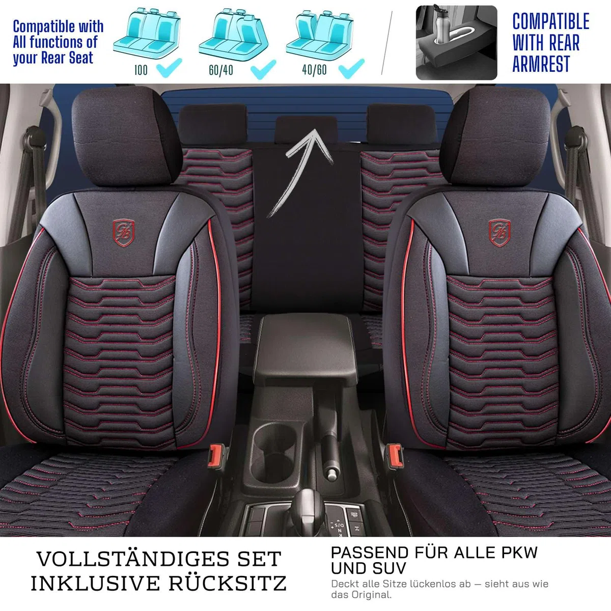 Autositzbezüge Universal für PKW & SUV – Premium Vordersitze Auto Sitzbezug aus Piqué-Stoff, Schwarz-Rot, Airbag-Kompatibel Sitzauflage, Autoschonbezug, Komplett Set inkl. Montageset
