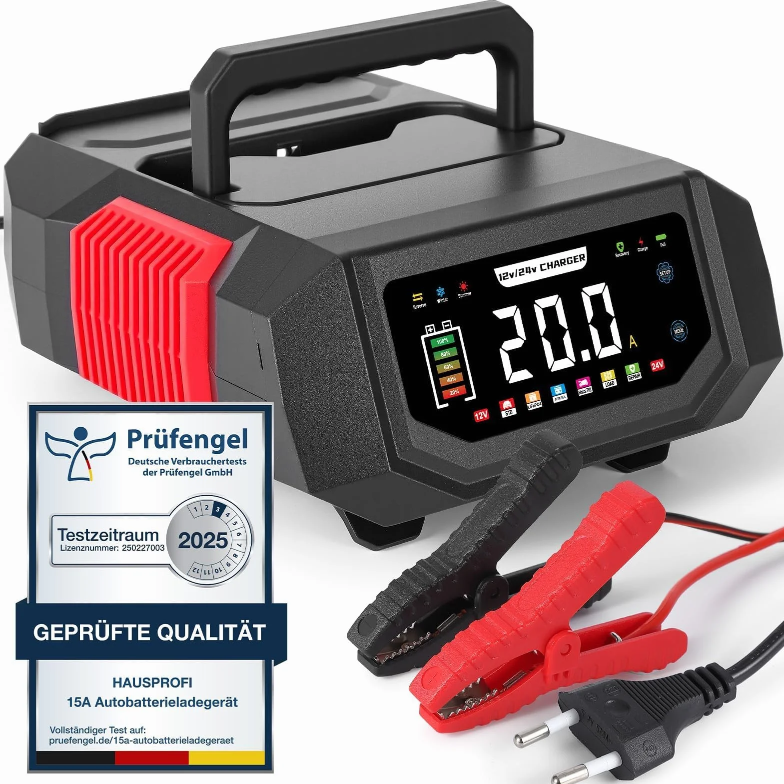 Autobatterie Ladegerät 12V/24V, HAUSPROFI 20A Intelligentes Batterieladegerät KFZ mit Einstellbarem Strom, 9-Stufige Ladung & Reparaturmodus für Auto, Motorrad, LKW, Blei-Säure, AGM, Lithium LiFePO4