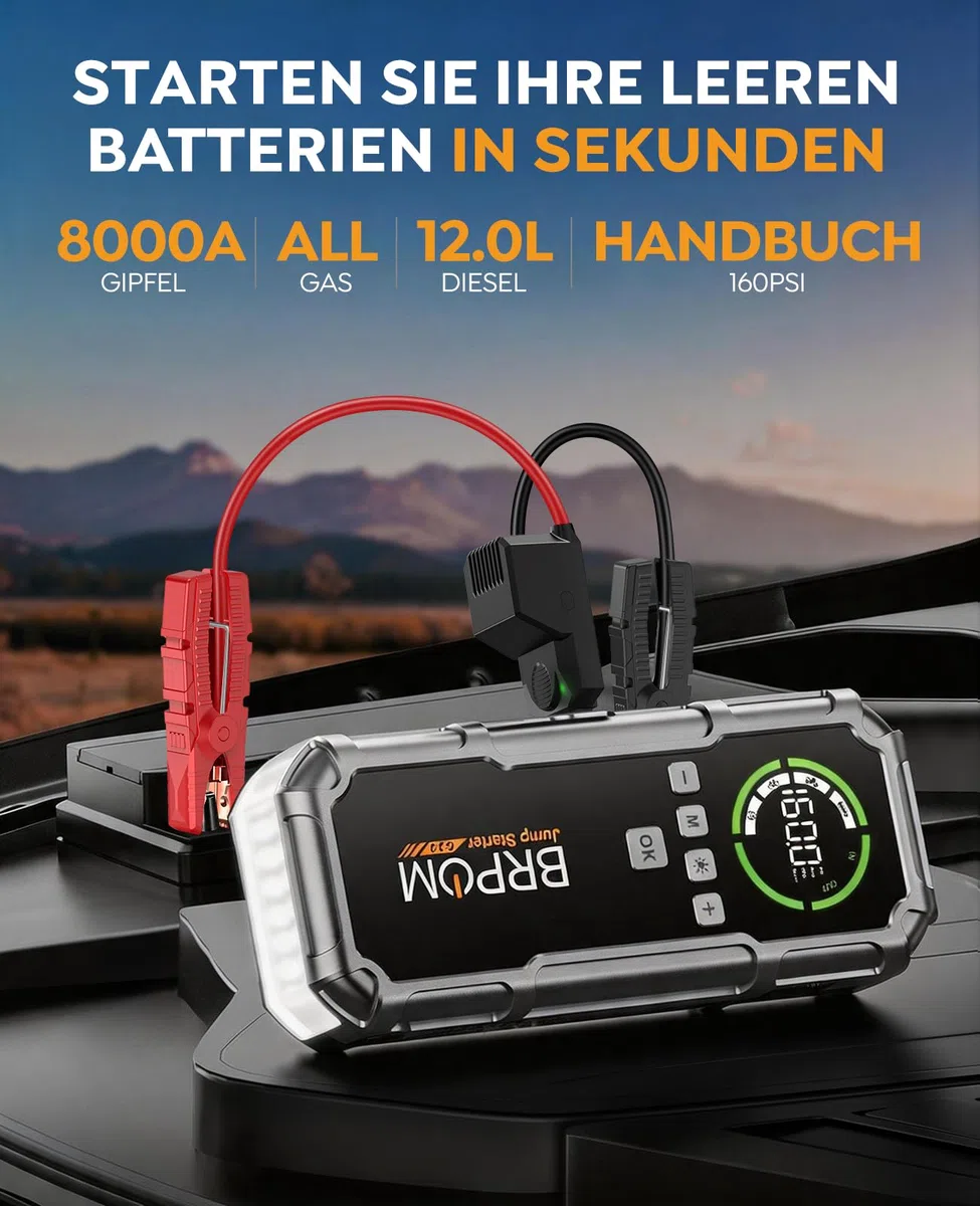 BRPOM Starthilfe Powerbank 8000A, Auto Starthilfe mit Kompressor 160PSI, 26800mAh Batteriestarter für alle Benzinmotoren und bis 12,0L Dieselmotoren, LED-Licht und Powerbank