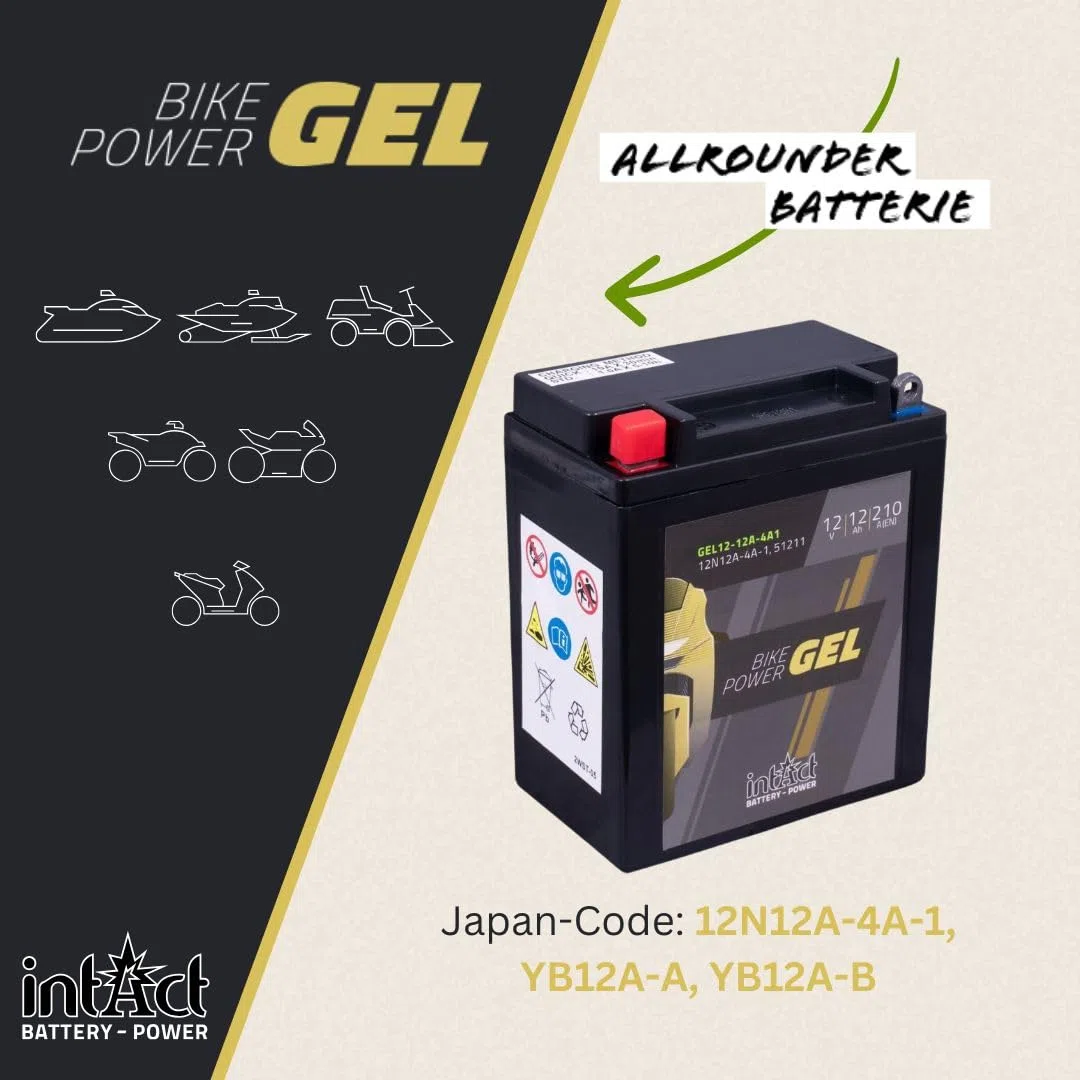 intAct - GEL MOTORRADBATTERIE Bike-Power GEL12-12A-4A1. Ersetzt 12N12A-4A-1. Motorradbatterie 12Ah 210A. Maße: 135x81x161mm. Mit bis zu 30% mehr Startleistung.