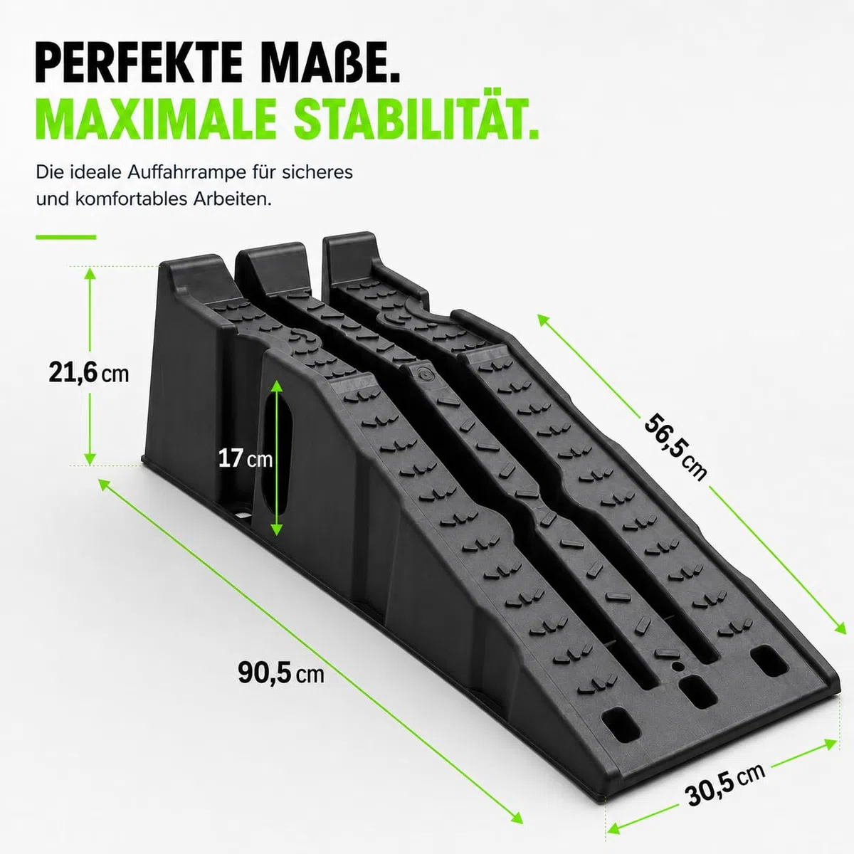 Auffahrrampe 2er Set, Fahrzeugrampe max. 5000 kg | 90,5 x 30,5 x 21,6 cm | mit Radstopper, Gummifüßen, Trageöffnungen & profilierter Auffahrfläche | Autorampe, KFZ Rampe für Werkstatt, Garage