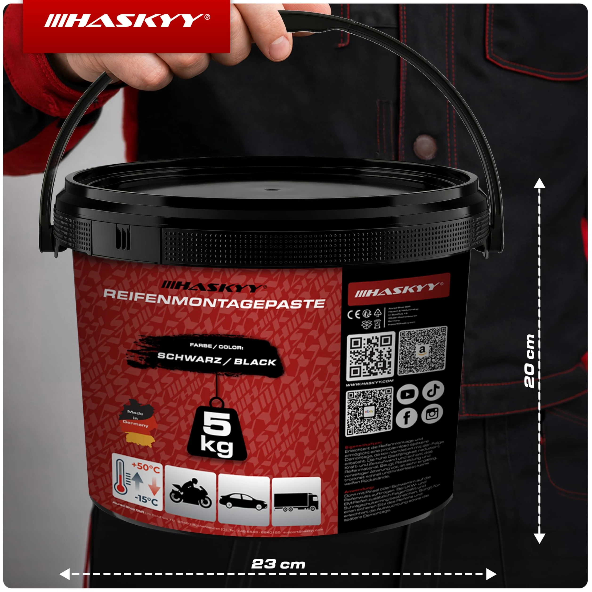 HASKYY 5kg Reifenmontagepaste Montagepaste Schwarz Reifenmontage Set inkl. Ventildreher, Ventileinzieher, Profi Auswuchtzange für Klebe- und Schlaggewichte & Fettkreide