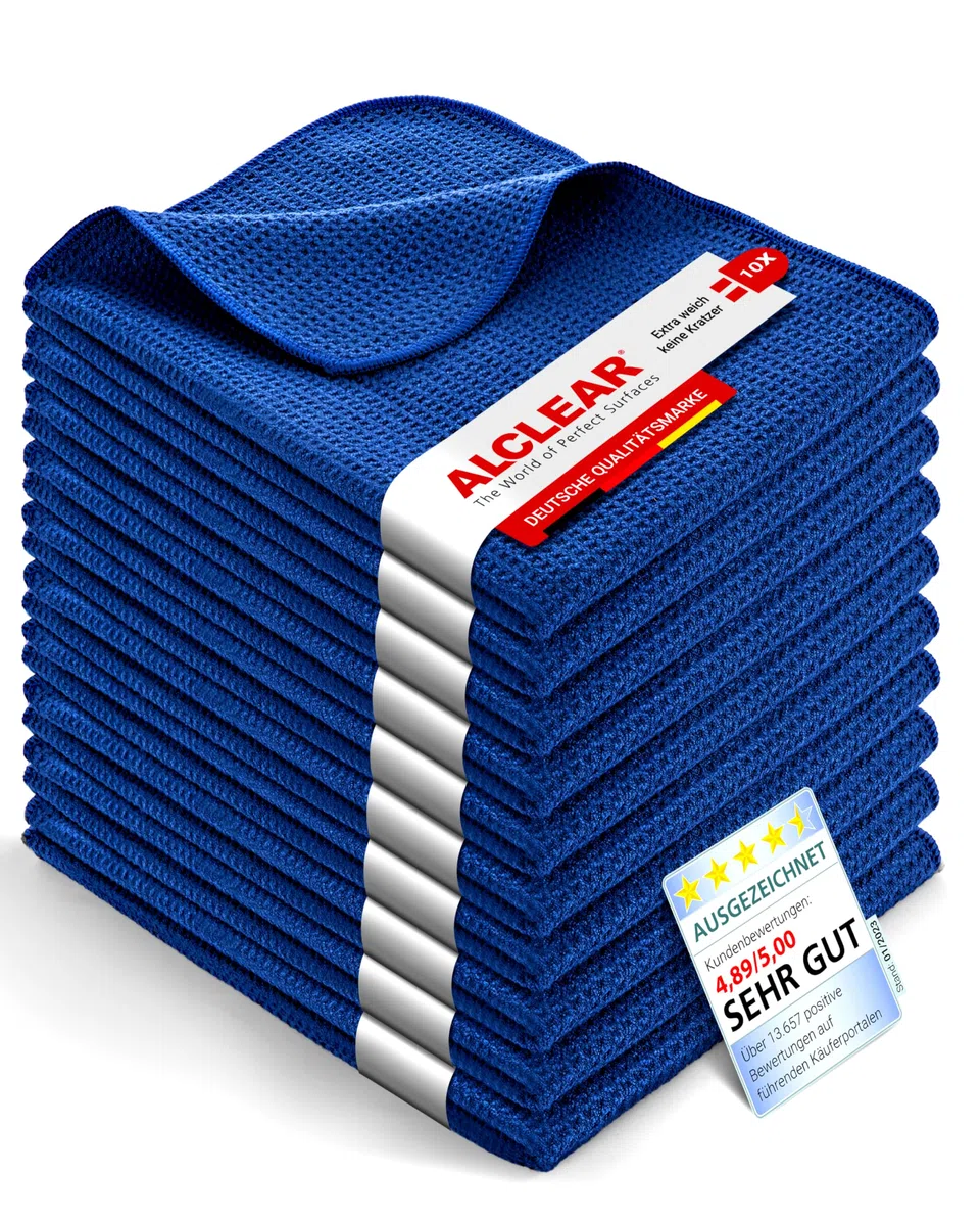 ALCLEAR 10820901 Trockenwunder Mikrofasertücher 10er-Set 60x40 cm saugstark | fusselfrei, mit Waffelstruktur, geeignet für Auto, Motorrad, Glas, Küche, Geschirr, waschbar, langlebig, navyblau