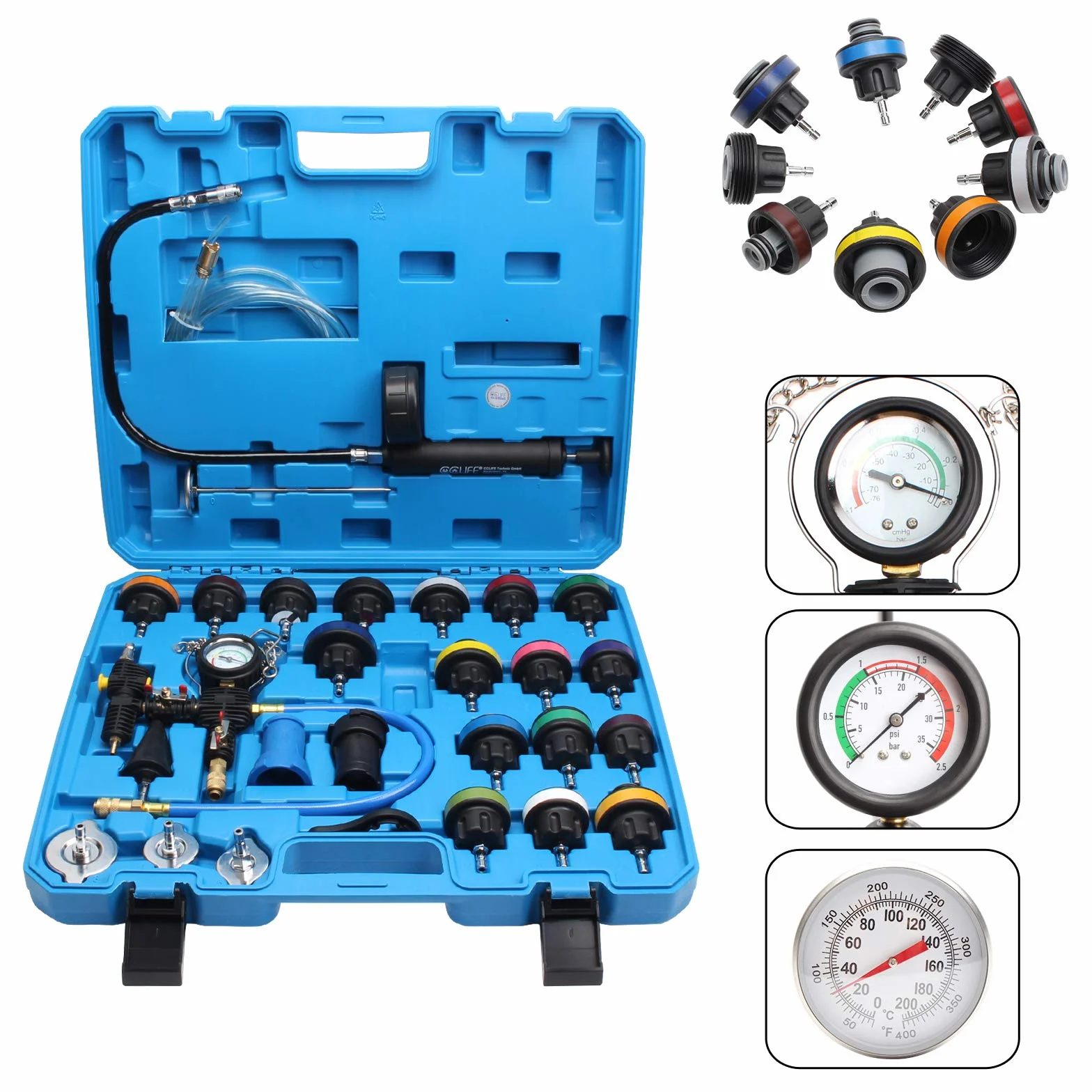CCLIFE 28tlg Kühlsystem Abdrückgerät Abdrücken Tester Kühlwasser Befüllgerät Kühler Entlüftungsgerät Kühlsystemtester Wassertank Lecksucher