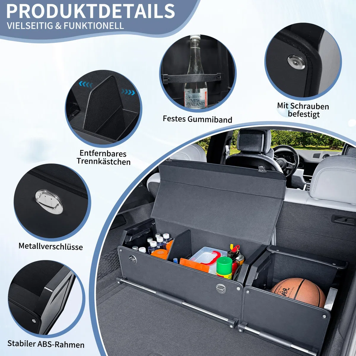 Auto Kofferraum Organizer mit Deckel – 2-in-1 Modulares XXL-Kofferraumtasche, Multifunktionaler Aufbewahrungsbox aus Leder, ABS-verstärkter Rahmen & Push-Pull-Griff (104x29x31cm, Schwarz)