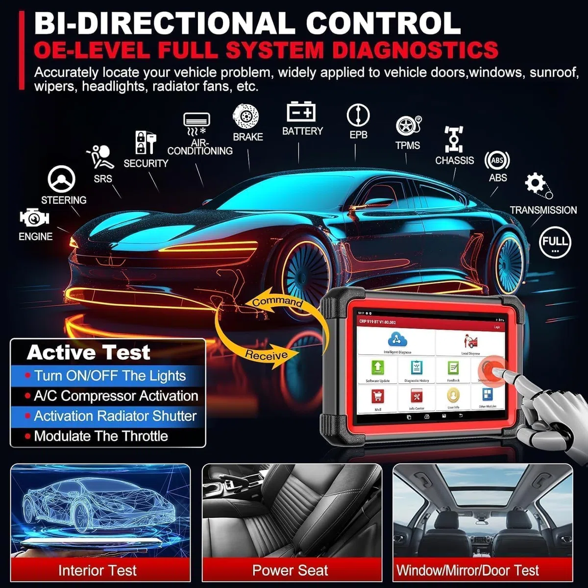 LAUNCH X431 CRP919E BT obd2 diagnosegerät für alle Fahrzeuge,LAUNCH diagnosegerät Auto mit OE-Level Alle System Diagnose,45+ Reset,kfz Tester für Active Test,CANFD, ECU-Kodierung,V.A.G-geführte,FCA