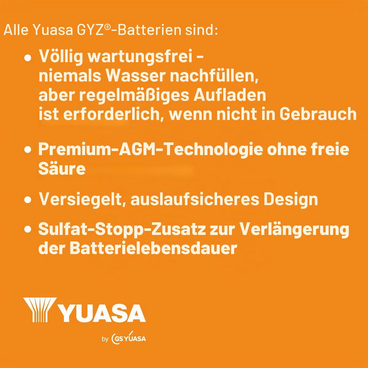 Yuasa GYZ32HL 12V 500 CCA wartungsfreie AGM VRLA Motorradbatterie | 33,7 Ah, Kompakt, Auslaufsicher, Vibrations- & Korrosionsbeständig, Ideal für Sportbikes & Start-Stopp