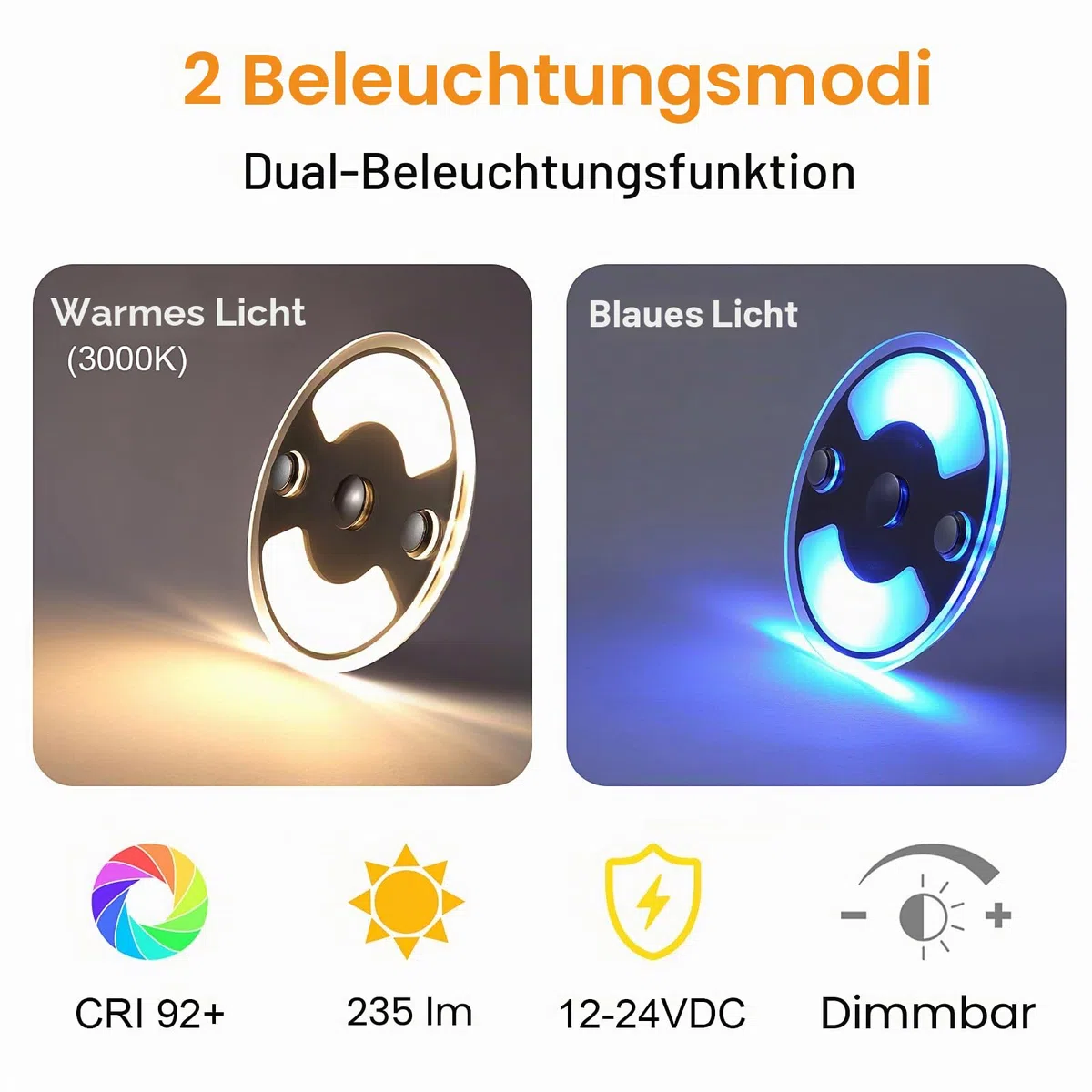 4 x 12V LED Deckenleuchte Wohnmobil Flach Dimmbar Panel Rund Leuchte 75mm 235LM mit Touch Schalter Aufbauleuchte, für Camper Boot Wohnwagen Yacht Auto, Zwei Farbe(3000K/Blau)