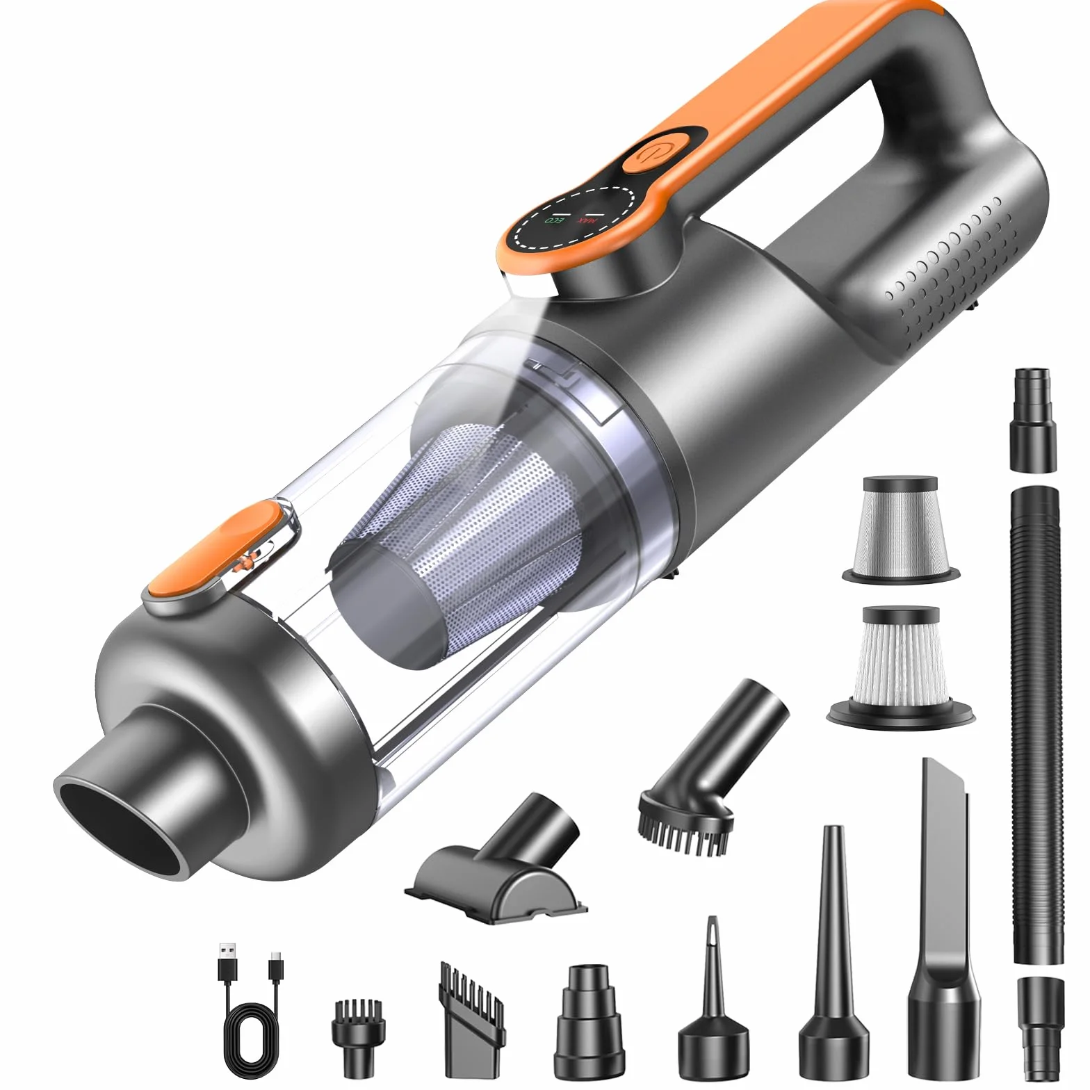 Handstaubsauger, 26000 Pa 4-in-1 Auto Staubsauger Stark, One-Touch Staubentleerung, Bürstenloser Motor, HD Display und LED Beleuchtung, Akku Staubsauger Kabellos für Zuhause/Büro/Auto, Orange