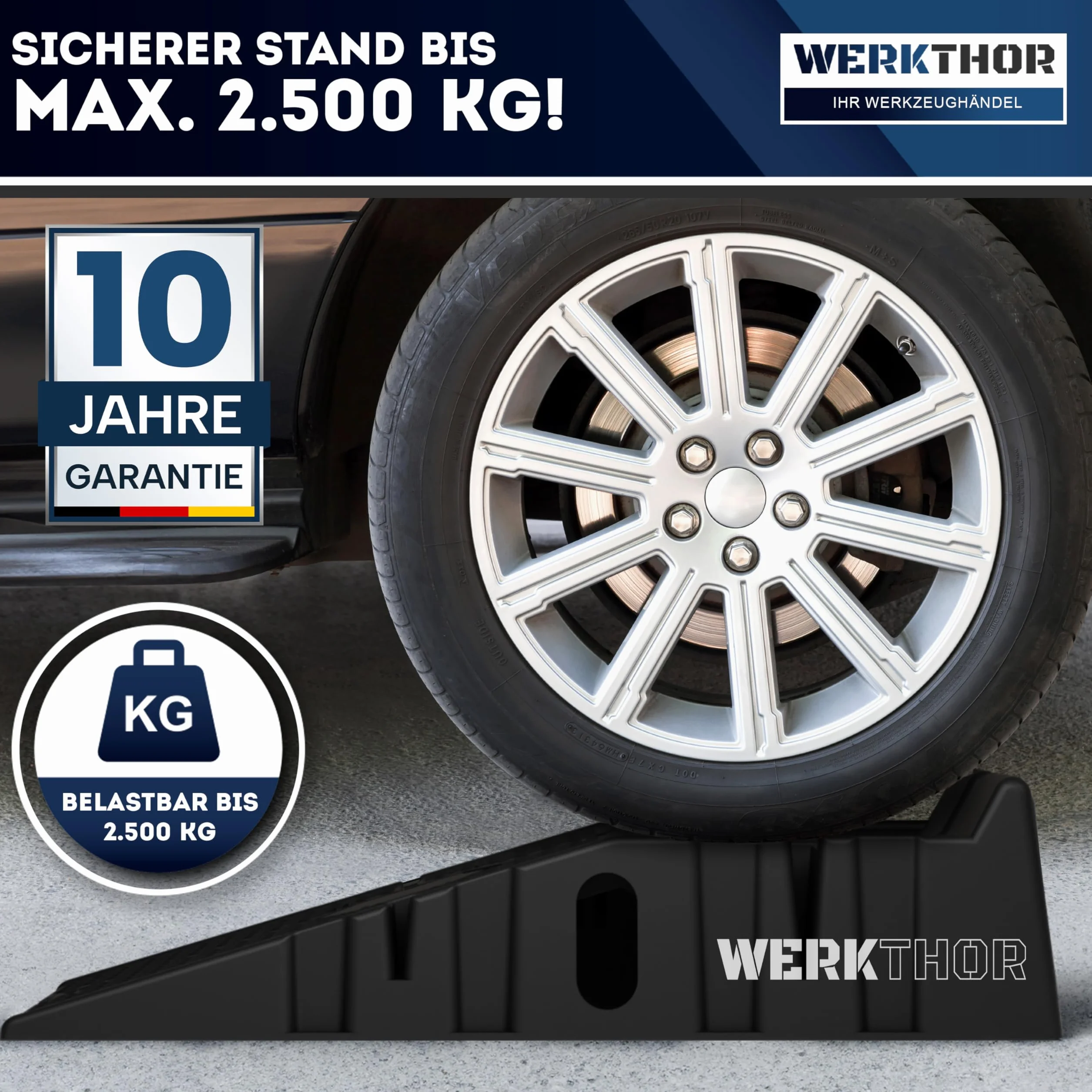 WERKTHOR Auffahrrampe PKW - [2er Set] Auffahrrampen für Maximalen Halt - Robuste Hebebühne Auto für Jeden Untergrund [2,5T] - Perfekt für Fahrzeuge (bis 2.500 kg) - HDPE-Kunststoff