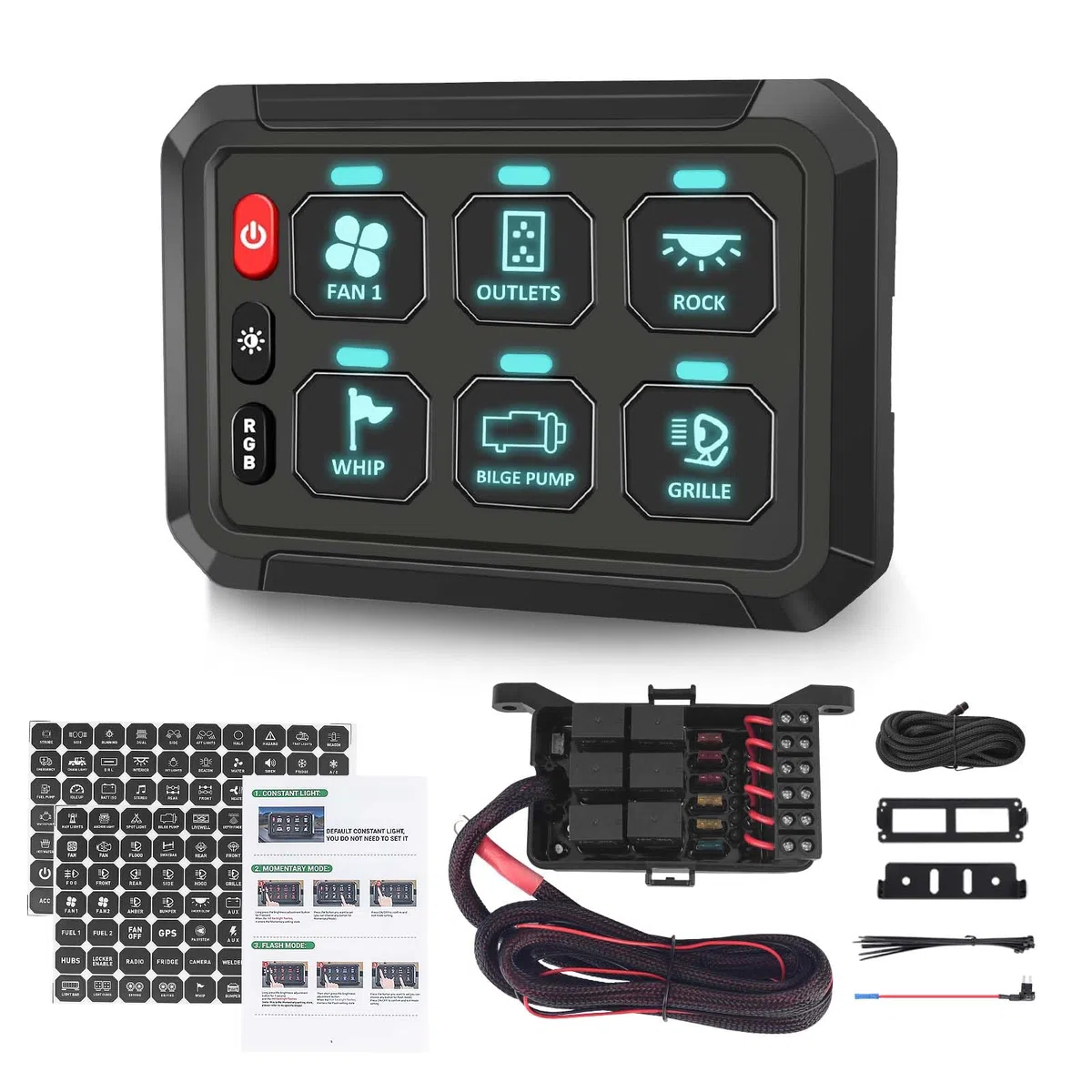 Chelhead 6 Gang Schalttafel, 12V Schalter Panel Kit impulsartig RGB 4 Beleuchtungsmodi schalterpanel,wasserdicht, dimmbar, universelles Schaltkreissteuerungsrelaissystem, kompatibel mit LKW, Offroad