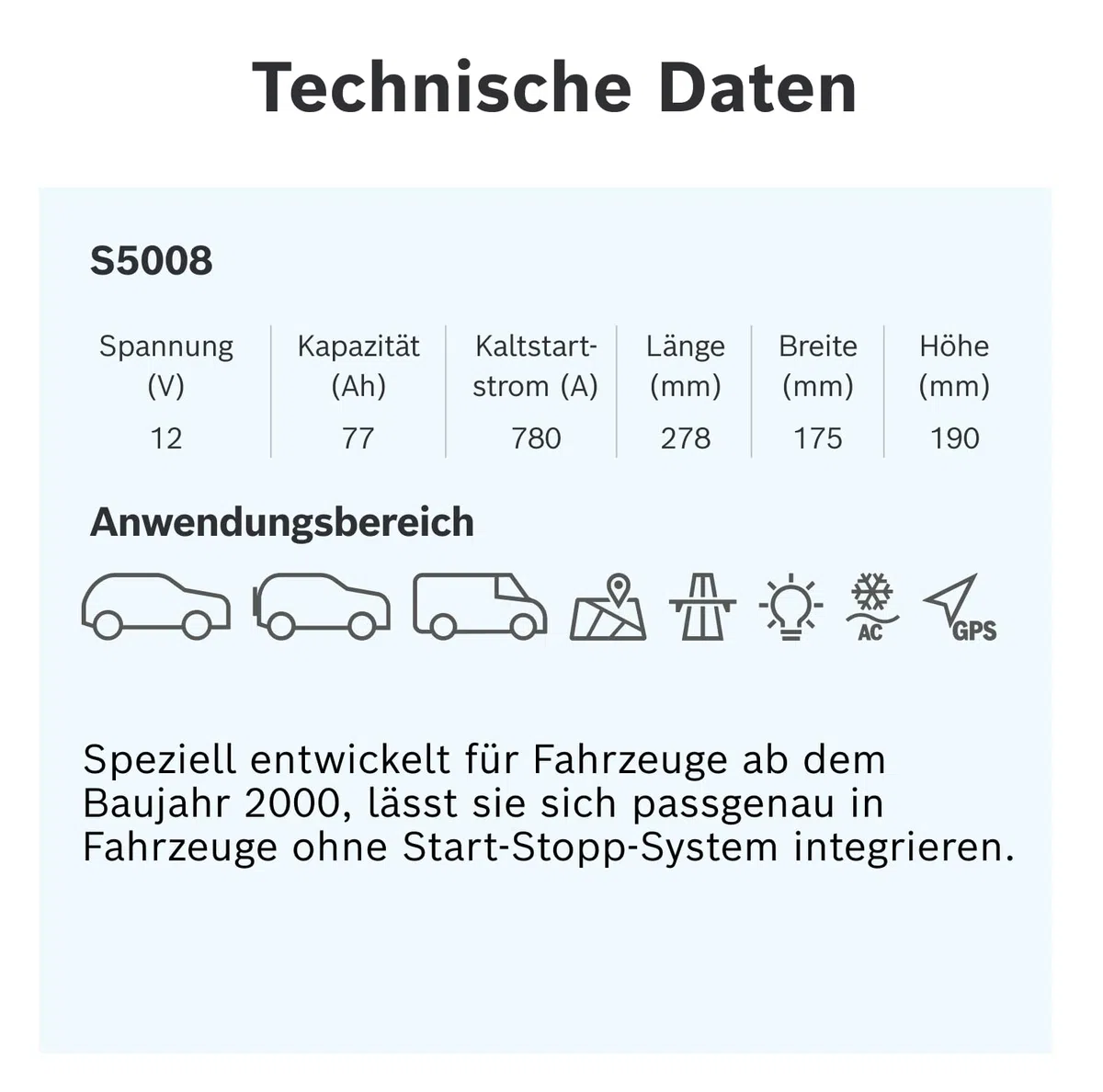 Bosch S5 008 Autobatterie 77 Ah - 780 A - 12 V, Blei-Säure-Batterie für Fahrzeuge ohne Start-Stopp-Automatik - Polarität: links - rechts +, 278 x 175 x 190 mm - für Kfz mit hohem Strombedarf | Fahrzeuge ohne Start-Stopp-Automatik - Polarität: links - rech