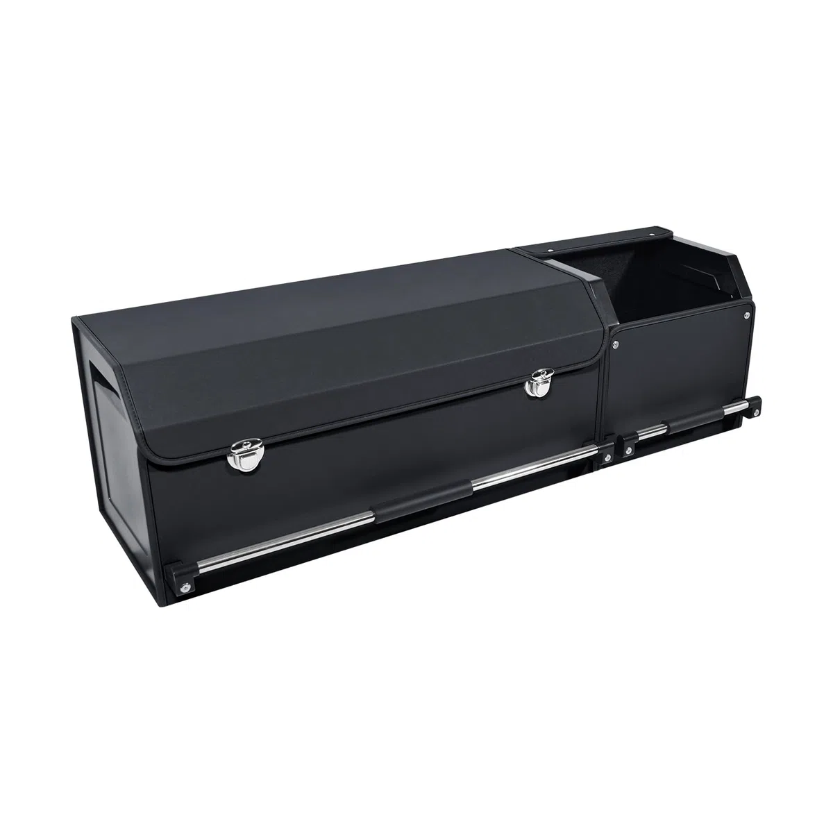 Auto Kofferraum Organizer mit Deckel – 2-in-1 Modulares XXL-Kofferraumtasche, Multifunktionaler Aufbewahrungsbox aus Leder, ABS-verstärkter Rahmen & Push-Pull-Griff (104x29x31cm, Schwarz)