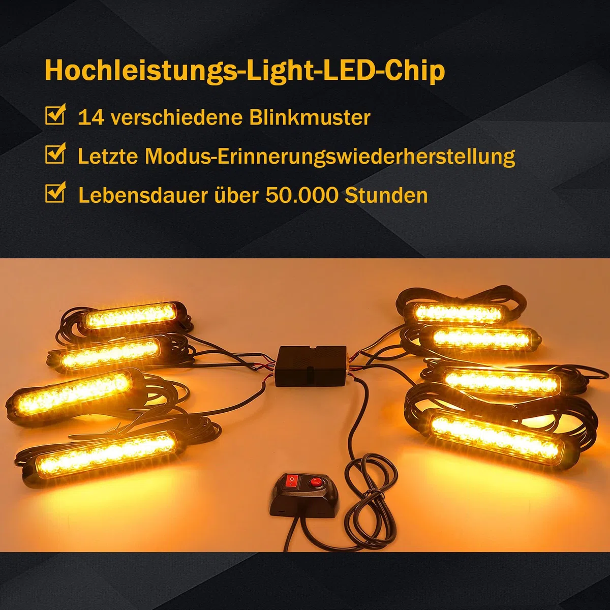 8X8LED Warnlicht Frontblitzer - 12V/24V Blinklicht Stroboskoplicht Warnleuchte,IP65 Notfall Warnung Blinklichter Strobe Orange 13Modi Blitzmodul für Truck Traktor Emergency KFZ LKW