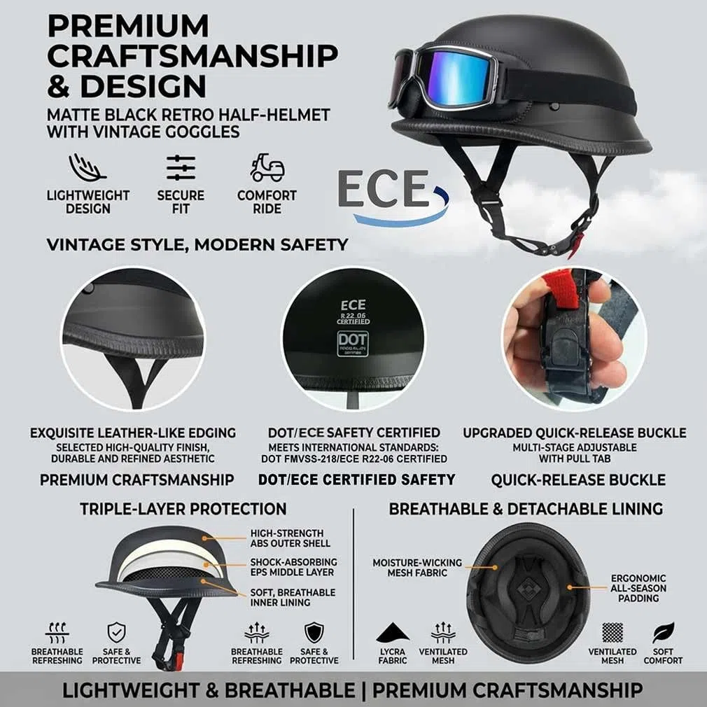 Retro Deutsche Halbhelm Öffnen Motorradhelm Halboffenen Halbschalenhelm ECE Genehmigt Jethelm Offenem Helm Mit Brille Cruiser Chopper Helm Mopedhelme Geeignet Erwachsene MäNner Frauen