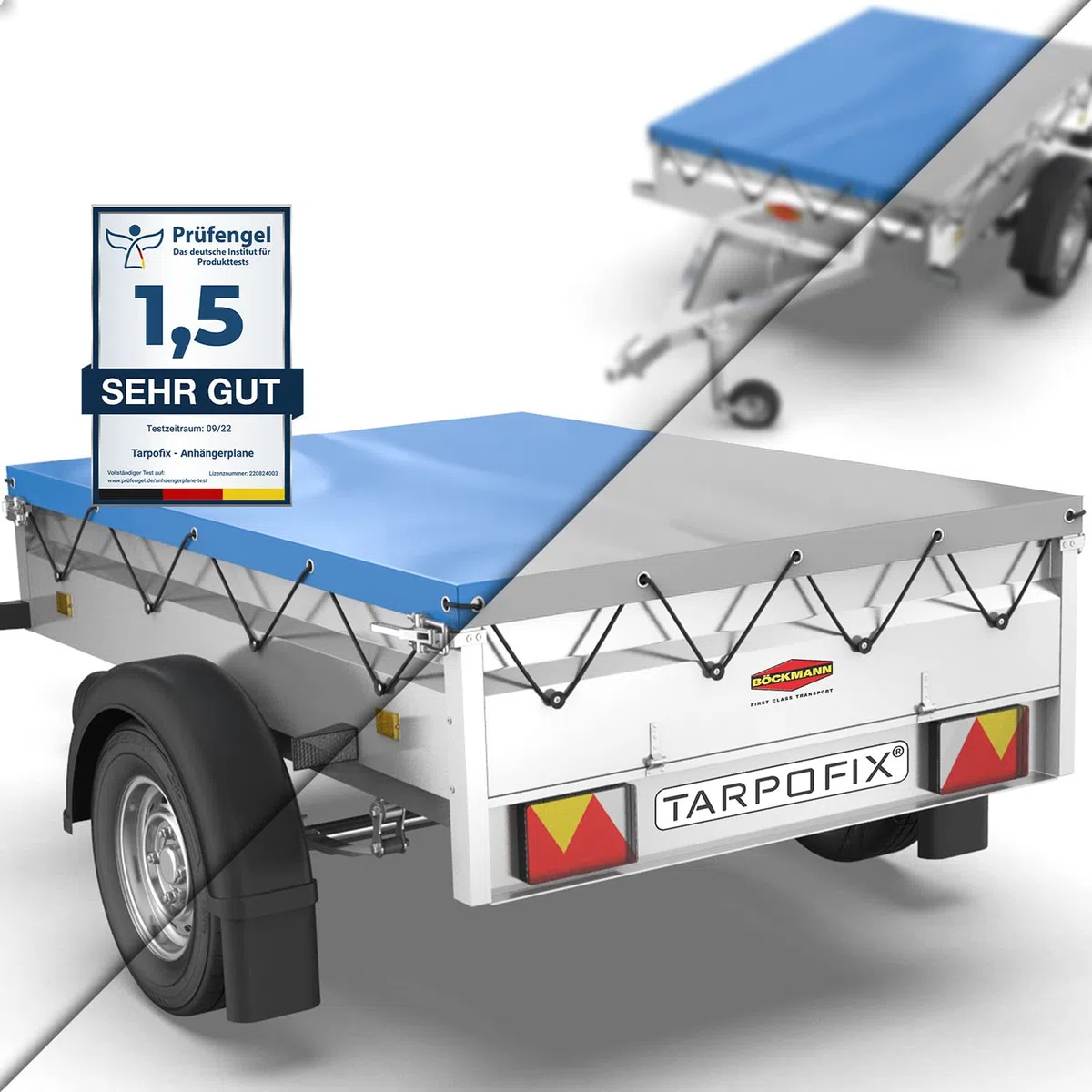 Tarpofix® Anhänger Plane 210 x 115 cm inkl. Planenseil | Anhängerplane Flachplane aus PVC PLANENMATERIAL | Verstärkte Böckmann Anhänger Plane für 750kg PKW Hänger | Abdeckplane Anhänger Abdeckung Blau