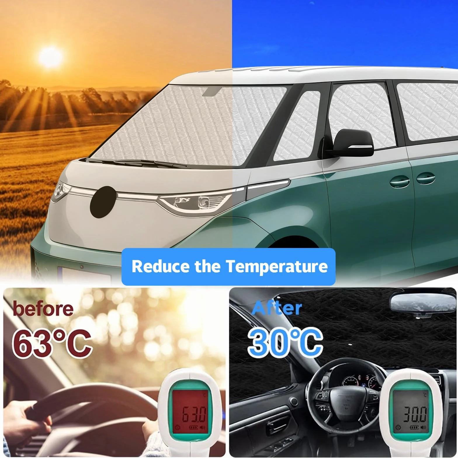 Sonnenschutz Kompatibel mit VW ID Buzz 2022-2026 LWB, 10 PCS Auto Frontscheibe Sonnenschutz Windschutzscheiben Schutz Set, Internes Thermomatte mit Aufbewahrungstasche, Faltbar Sonnenblende