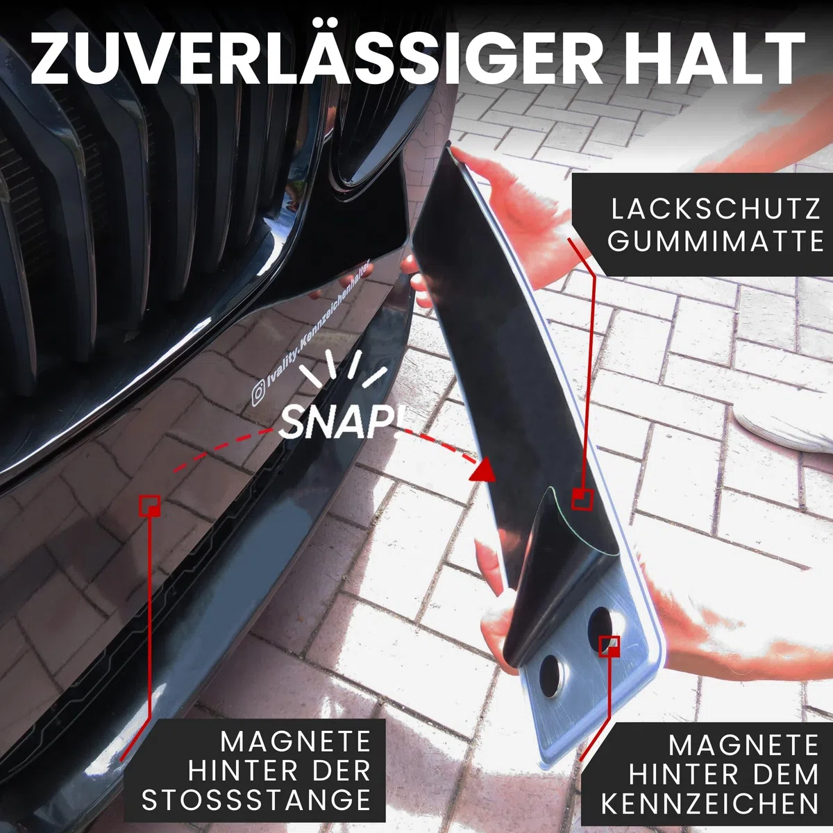 Ivality Magnet Kennzeichenhalter hinter der Stoßstange für Autos mit Neodym-Magneten & 3M VHB Klebeband, Rahmenlose Kennzeichenhalter Unsichtbare Montage für 1 Kennzeichen, StVZO getestet bis 350 km/h