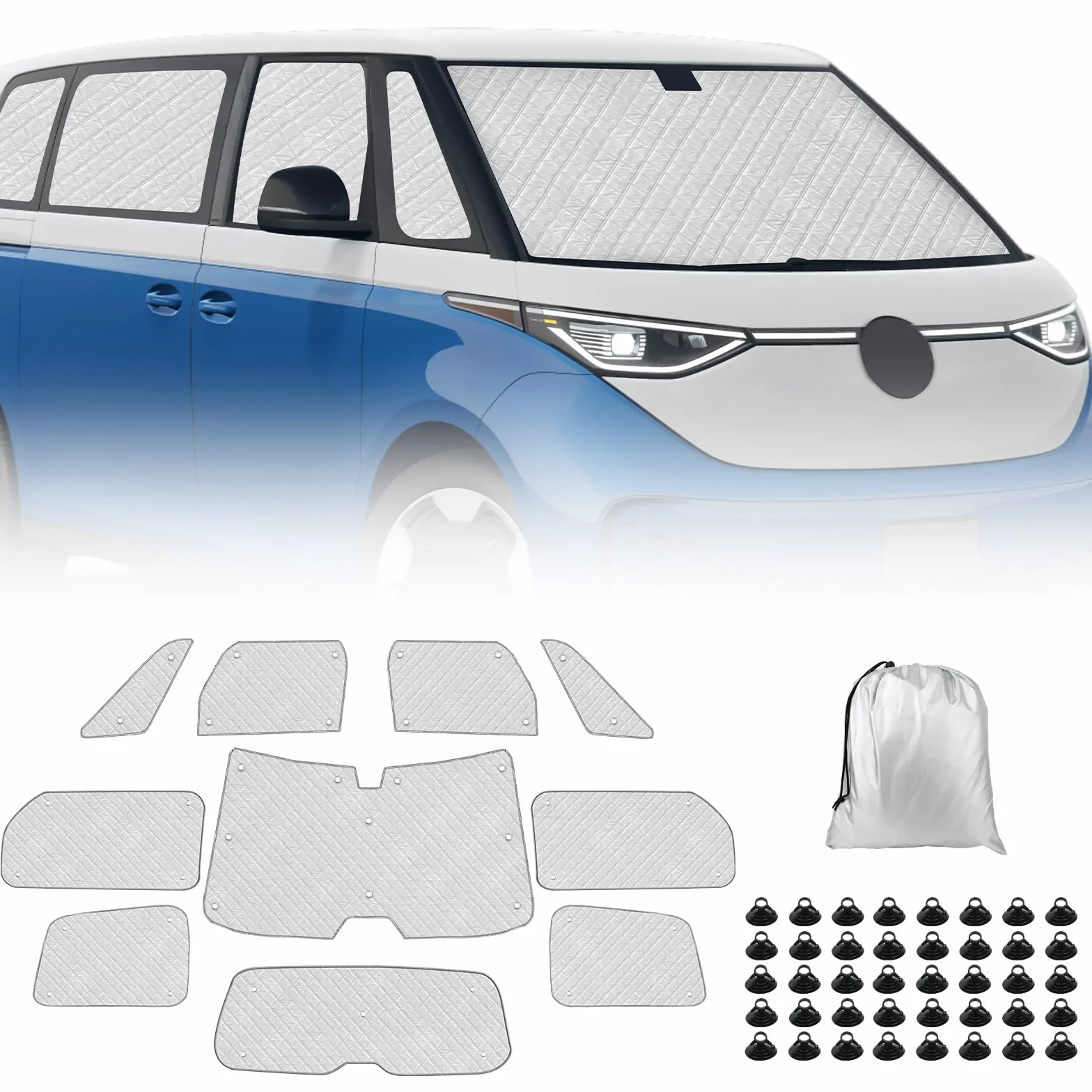 Sonnenschutz Kompatibel mit VW ID Buzz 2022-2026 LWB, 10 PCS Auto Frontscheibe Sonnenschutz Windschutzscheiben Schutz Set, Internes Thermomatte mit Aufbewahrungstasche, Faltbar Sonnenblende