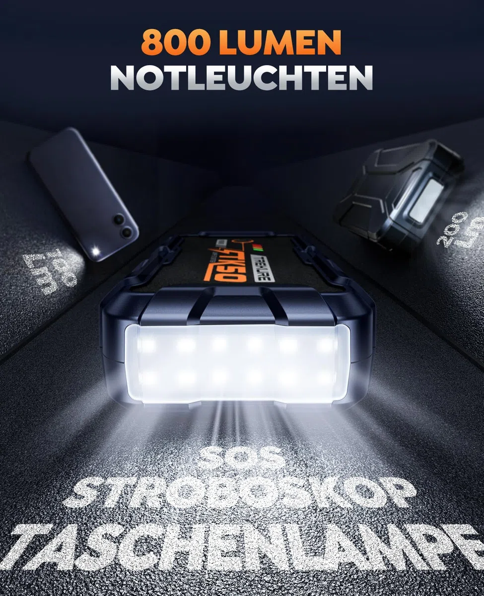 Starthilfe Powerbank für PKW 8000A (All Gas/12,0L Diesel), Auto Starthilfe 26800mAh, 12V Autobatterie Booster mit 800 Lumen Taschenlampe, 2 USB Ausgänge, Verdickt Starthilfekabel, Tragbarer Griff