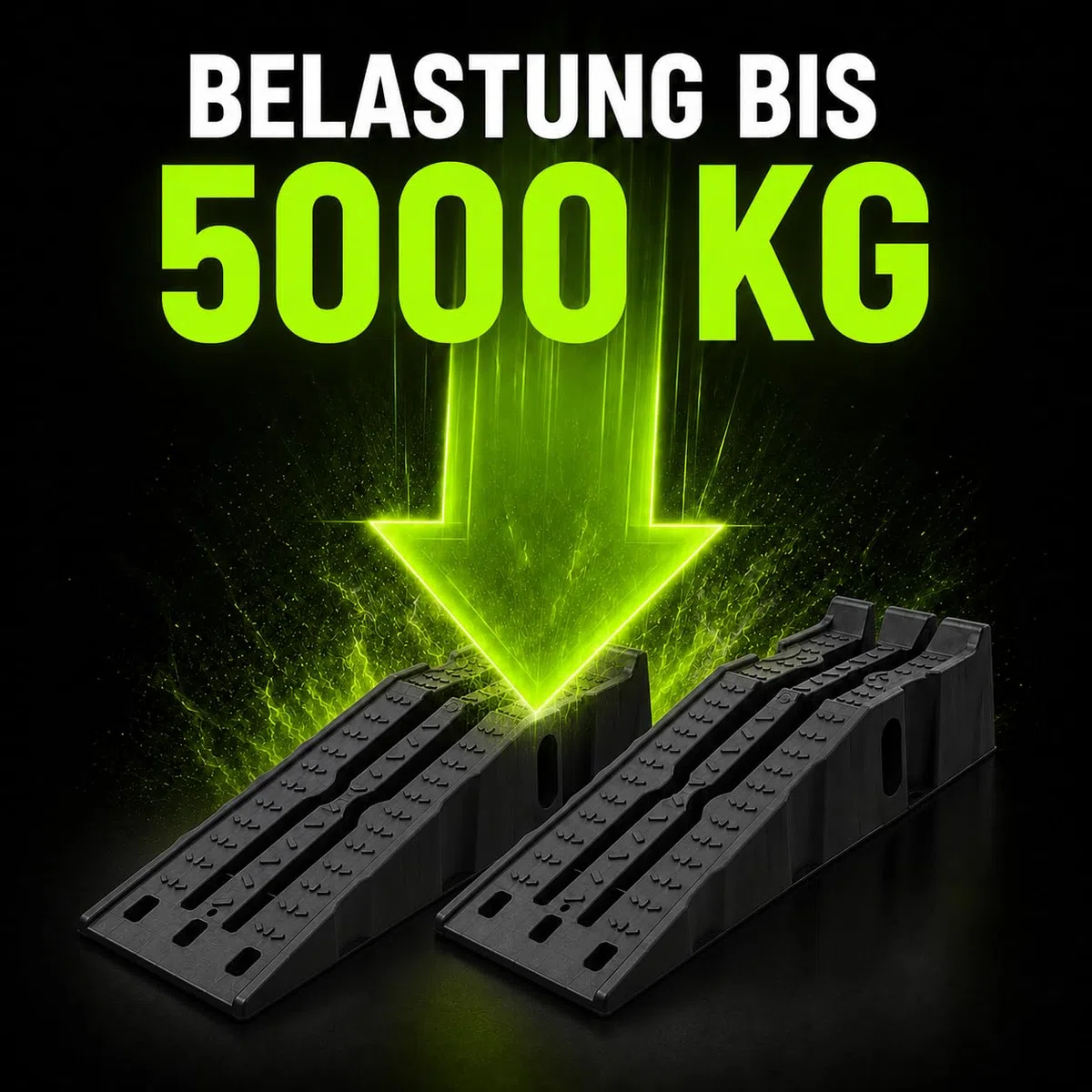Auffahrrampe 2er Set, Fahrzeugrampe max. 5000 kg | 90,5 x 30,5 x 21,6 cm | mit Radstopper, Gummifüßen, Trageöffnungen & profilierter Auffahrfläche | Autorampe, KFZ Rampe für Werkstatt, Garage